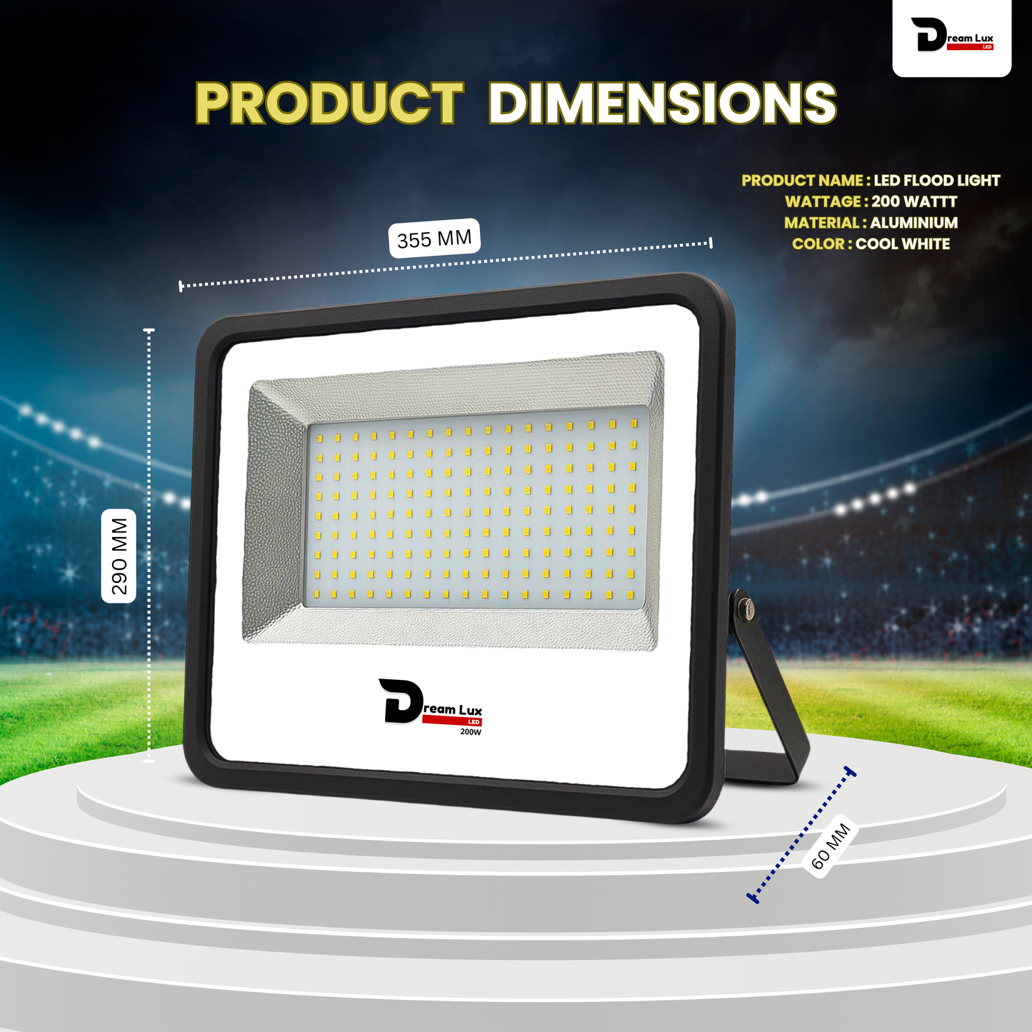 Dreamlux 200 Watt Light Down Chock | Outdoor Flood Lights IP66 Waterproof | Flood Light | Focus Lights | Ultra Bright | Aluminium Body | 85% Energy Saving,Durability (200W, Color : Cool White)