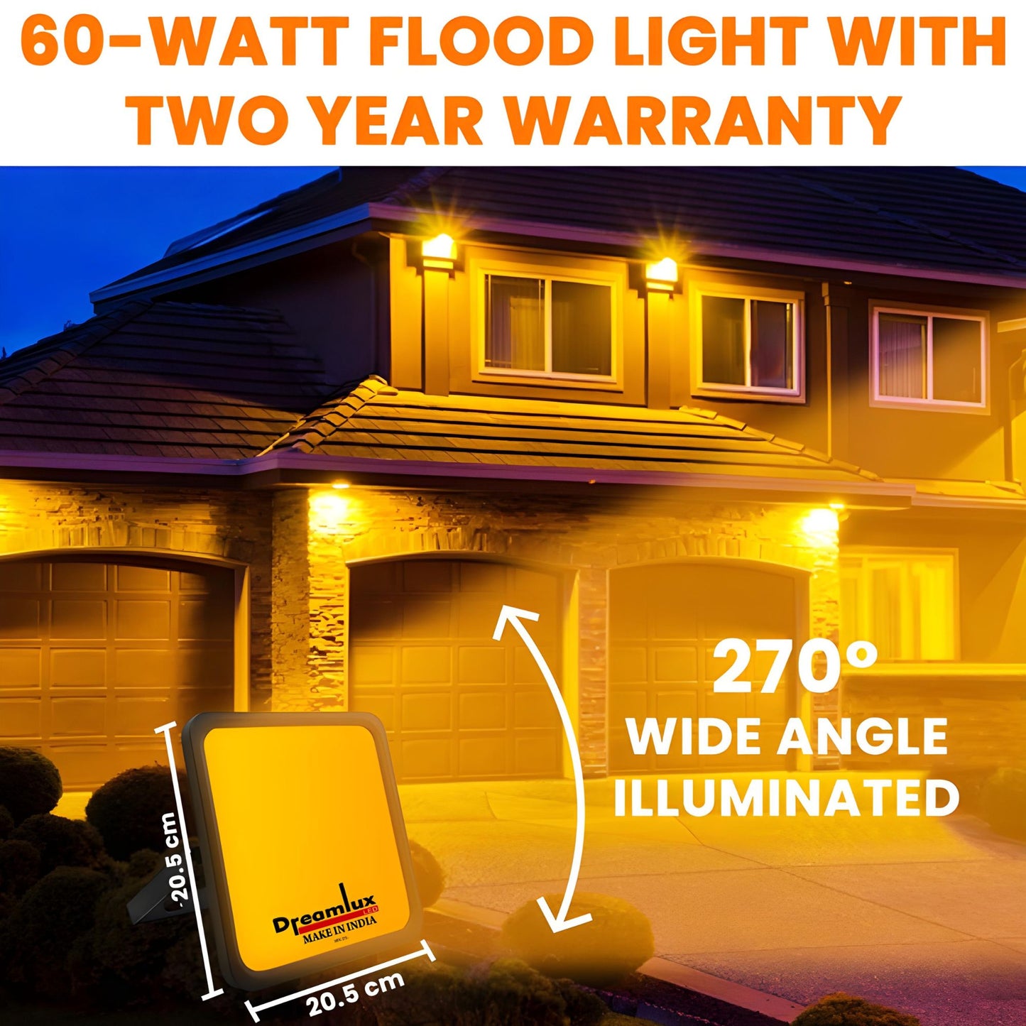 Dreamlux 60 Watt Light Down Chock | Outdoor Flood Lights IP66 Waterproof | Flood Light | Focus Lights | Ultra Bright | Aluminium Body | 85% Energy Saving,Durability (60W Orange Color)