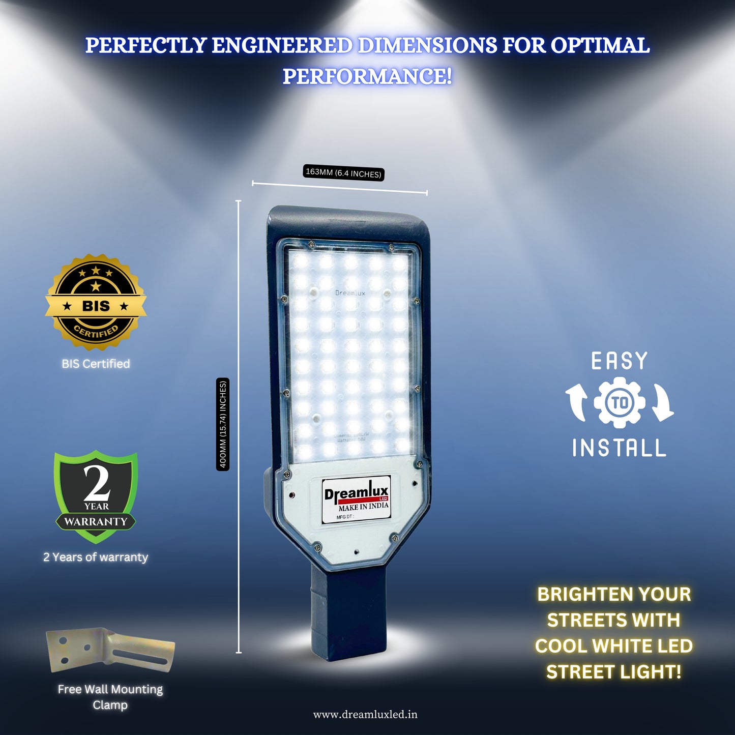 Dreamlux 50 Watt Led Street Light | IP66 Outdoor Waterproof Lens Technology Light for Home, Aluminium Body, Free Wall Mounting Clamp - Color : Cool White