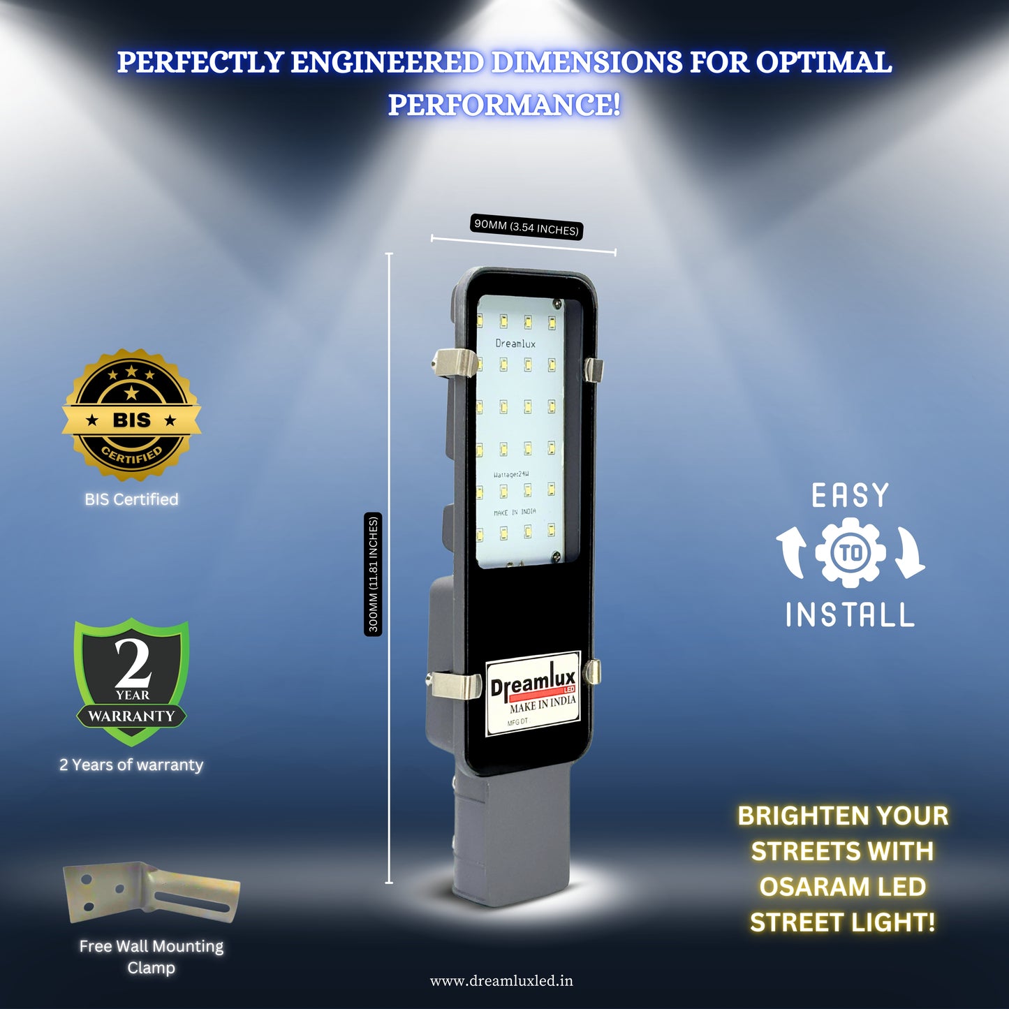 Dreamlux 36 Watt LED Street Light with Free Wall Mounting Clamp | IP66 Outdoor Waterproof | BIS Certified | Upto 85% Energy Saving | Aluminium Body | Road Light- Cool White