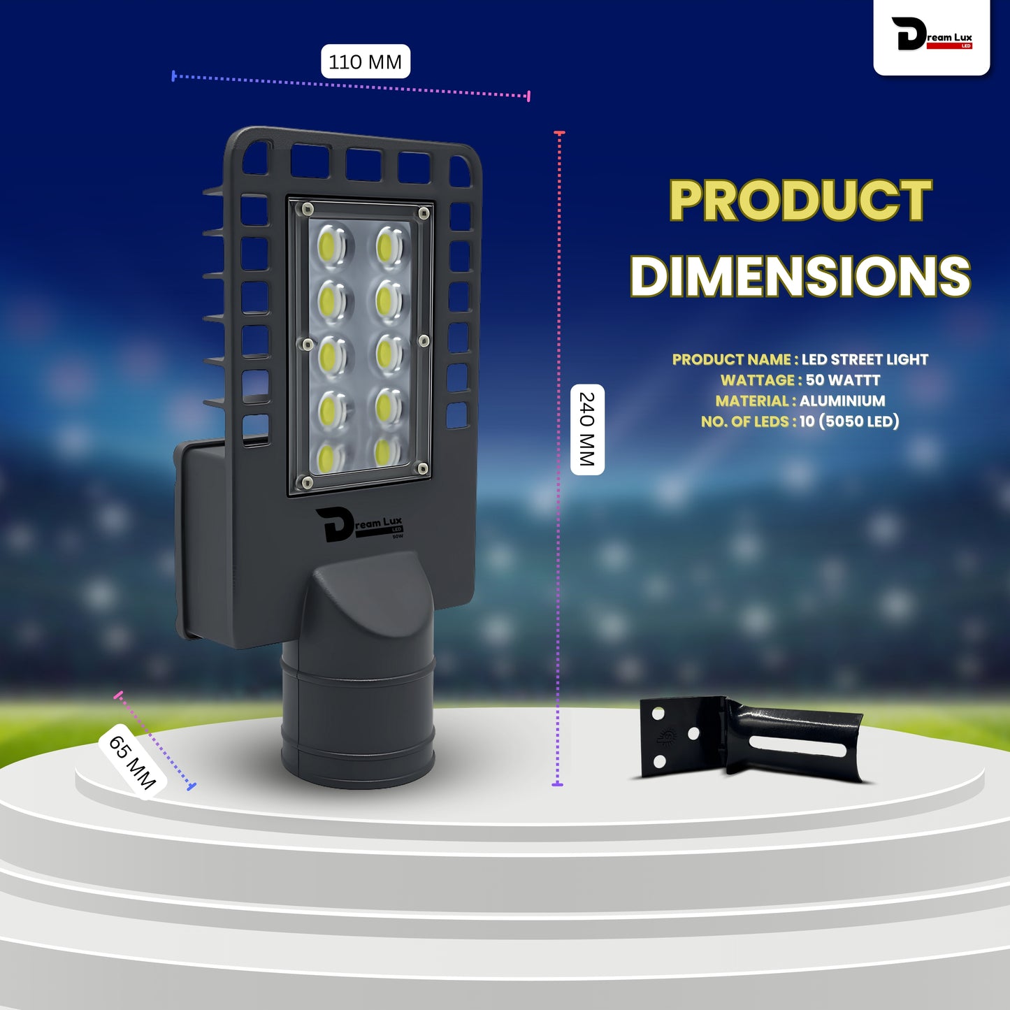 Dreamlux 50W LED Street Light with Back Cover LENS Technology | 5050 OSRAM LEDs | Wall Mount Clamp | IP66 Waterproof | 6kV Surge, UVP, OVP, LVP, SCP Protection | 140-150 LM/W | BIS/ISO Certified | 2 Year Warranty, Color : Cool White