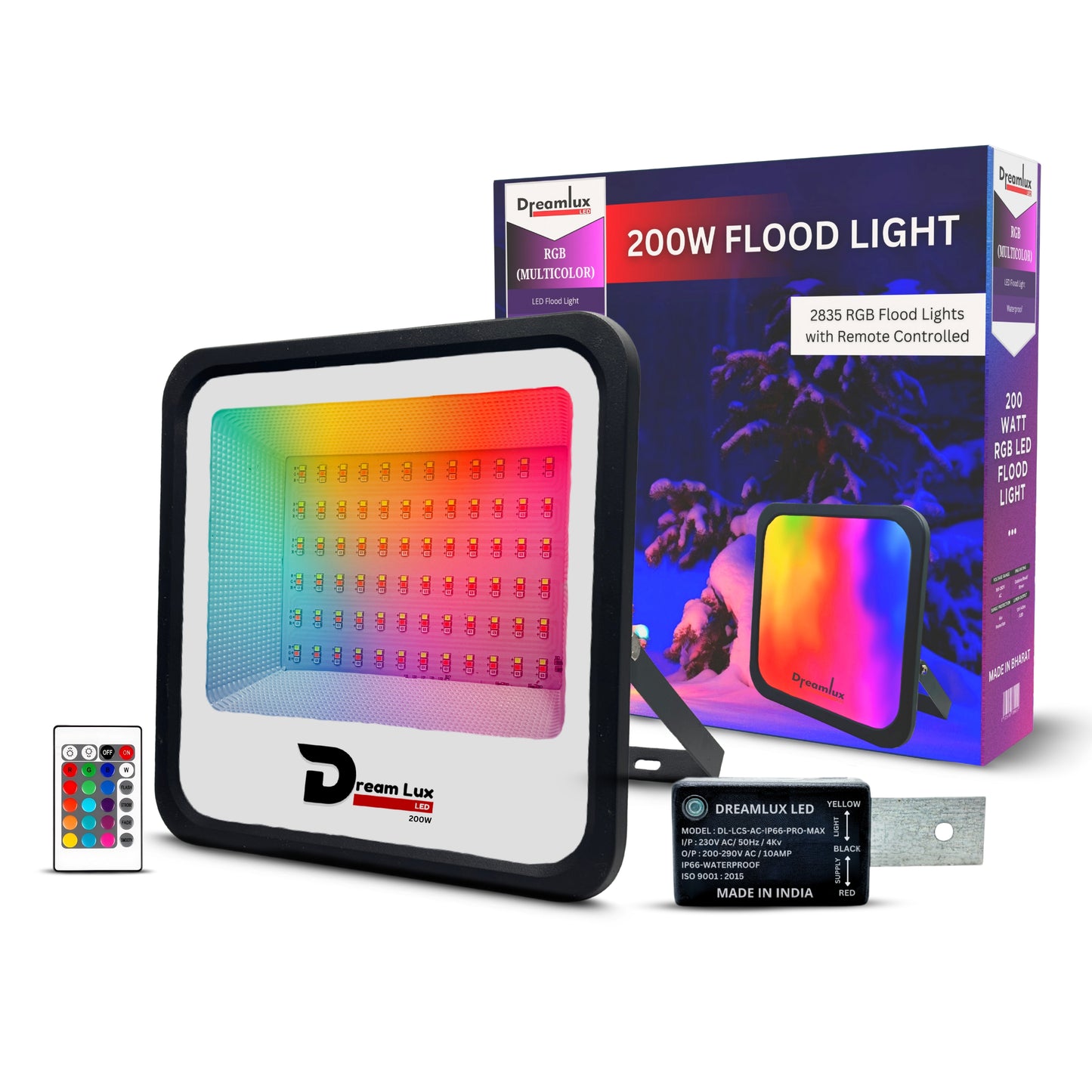 Dreamlux 200Watts RGB 2835 LED Flood Light, LDR Sensor, Dusk to Dawn Sensor, Aluminium Housing, 16 Colours & 4 Modes, IP66 Waterproof, 2 Years Warranty (200W RGB with LDR Sensor)