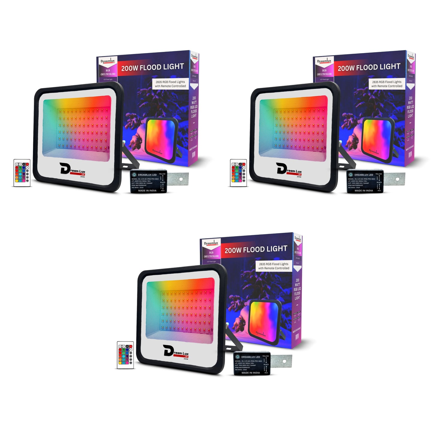 Dreamlux 200Watts RGB 2835 LED Flood Light, LDR Sensor, Dusk to Dawn Sensor, Aluminium Housing, 16 Colours & 4 Modes, IP66 Waterproof, 2 Years Warranty (200W RGB with LDR Sensor)