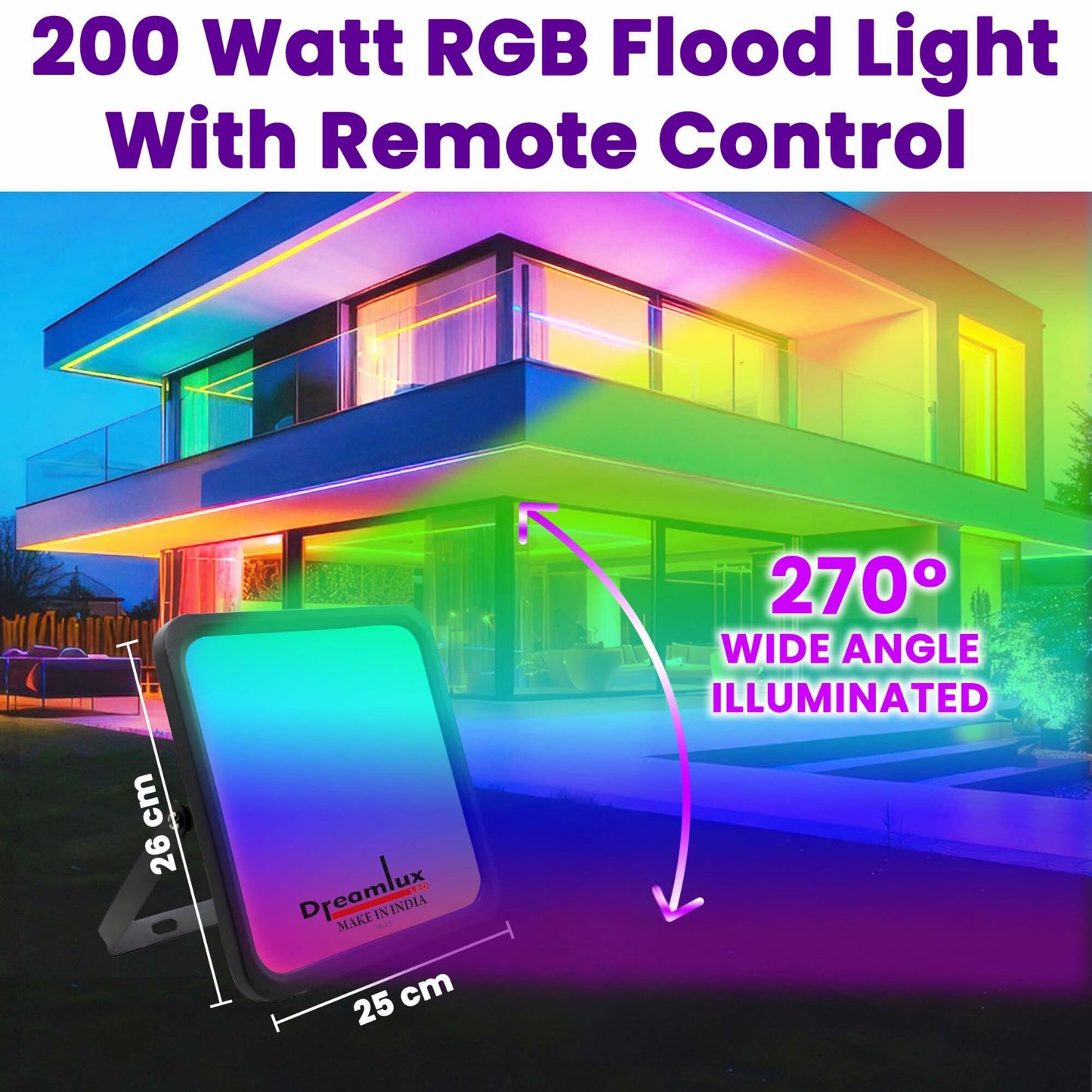 Dreamlux 200Watts RGB 2835 LED Flood Light, LDR Sensor, Dusk to Dawn Sensor, Aluminium Housing, 16 Colours & 4 Modes, IP66 Waterproof, 2 Years Warranty (200W RGB with LDR Sensor)