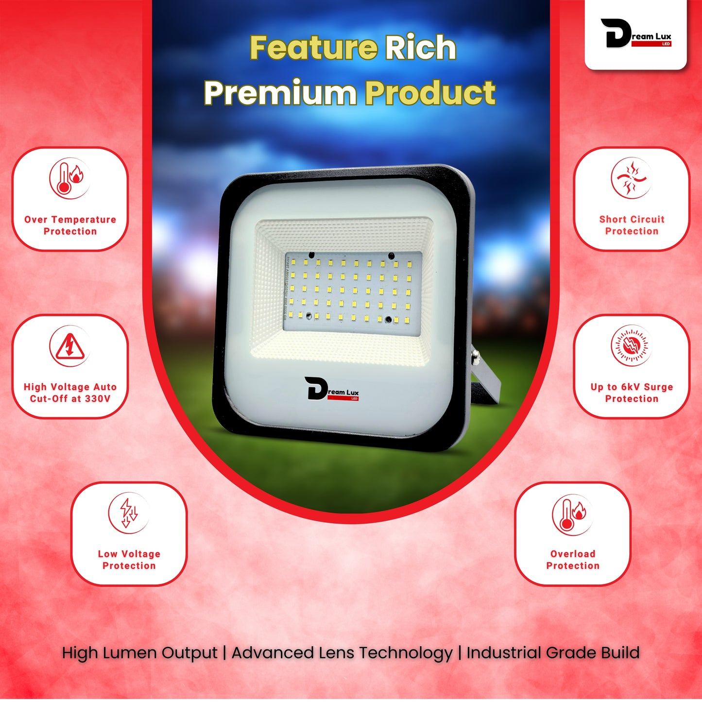 Dreamlux 60W Dusk to Dawn LED Waterproof Flood Light with Auto On/Off Day Night Sensor | BIS Approved | Aluminium Body, Color - Red