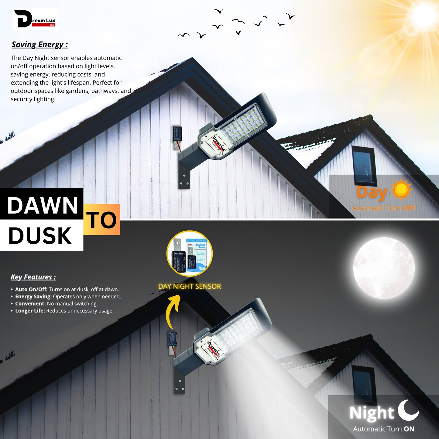 Dreamlux 50W Dusk to Dawn Auto Day/Night ON/Off LDR Sensor LENS Street Light, IP-66 Outdoor Light (Cool White, Aluminum)