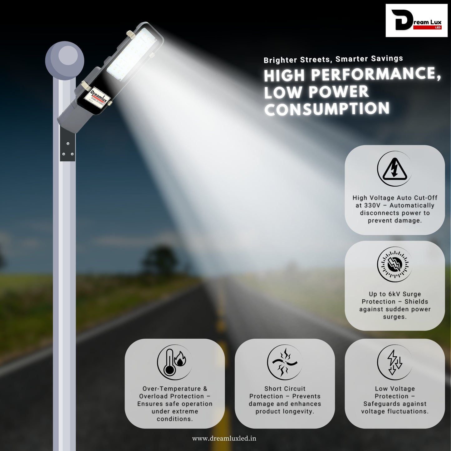 Dreamlux 24 Watt LED Street Light | Street Lights Outdoor Waterproof | BIS Certified | Upto 85% Energy Saving | Aluminium Body | Road Light- Cool White