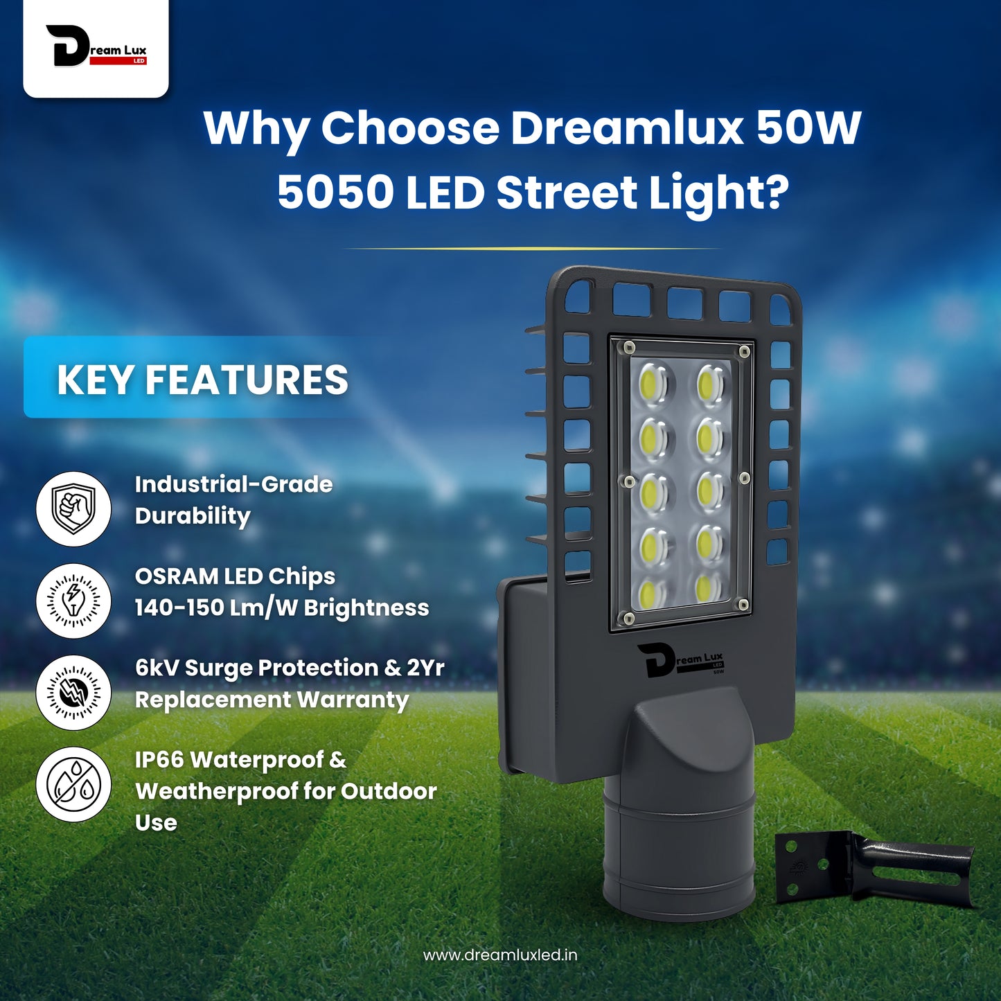 Dreamlux 50W LED Street Light with Back Cover LENS Technology | 5050 OSRAM LEDs | Wall Mount Clamp | IP66 Waterproof | 6kV Surge, UVP, OVP, LVP, SCP Protection | 140-150 LM/W | BIS/ISO Certified | 2 Year Warranty, Color : Cool White