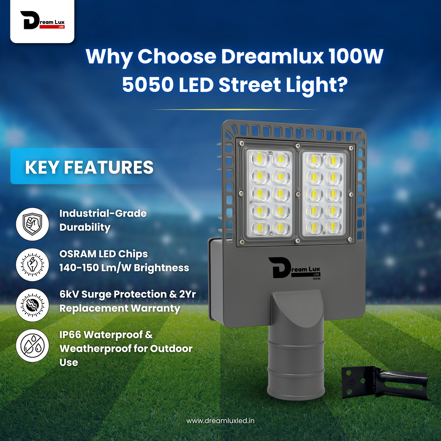 Dreamlux 100W LED Street Light with Back Cover LENS Technology | 5050 OSRAM LEDs | Wall Mount Clamp | IP66 Waterproof | 6kV Surge, UVP, OVP, LVP, SCP Protection | 190–200 LM/W | BIS/ISO Certified | 2 Year Warranty, Color : Cool White