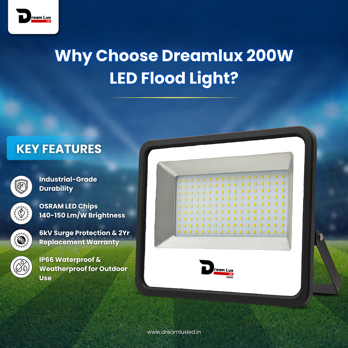 Dreamlux 200 Watt Light Down Chock | Outdoor Flood Lights IP66 Waterproof | Flood Light | Focus Lights | Ultra Bright | Aluminium Body | 85% Energy Saving,Durability (200W, Color : Cool White)