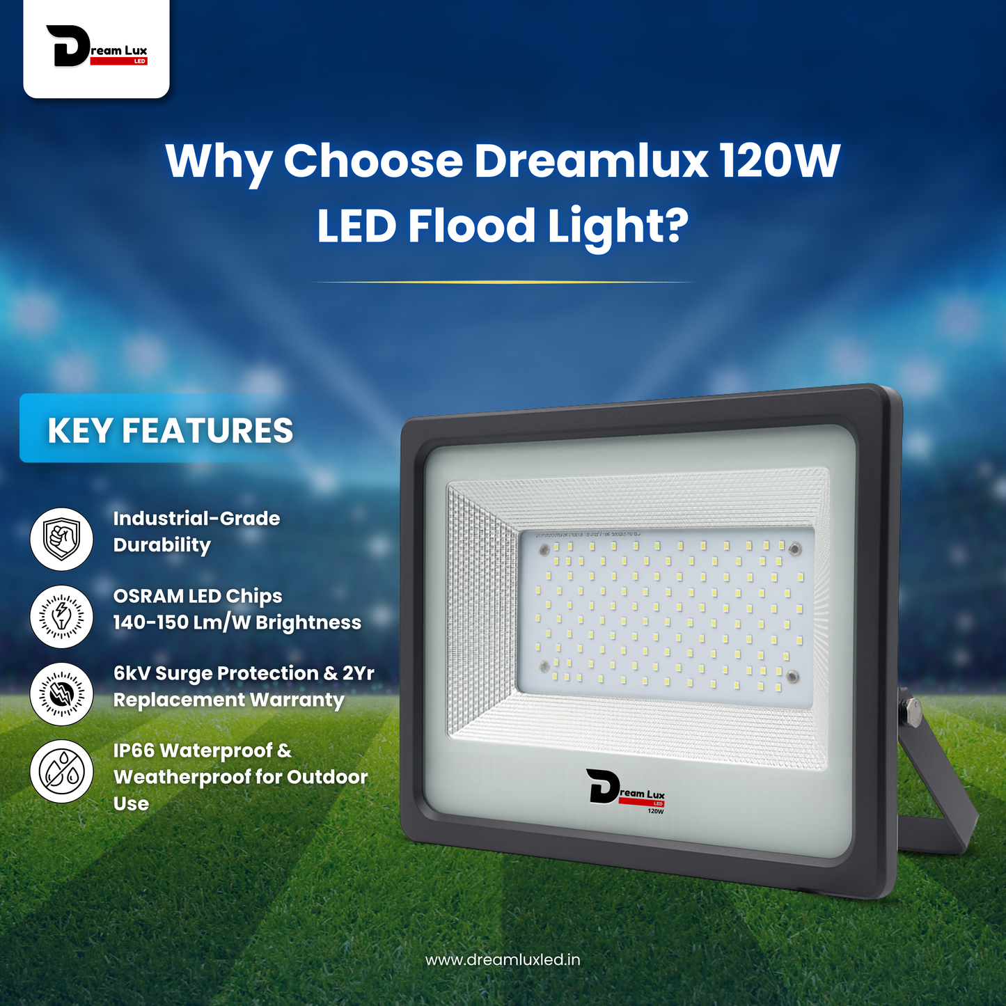 Dreamlux 120 Watt Light Down Chock | Outdoor Flood Lights IP66 Waterproof | Flood Light | Focus Lights | Ultra Bright | Aluminium Body | 85% Energy Saving,Durability (120W, Color : Cool White)