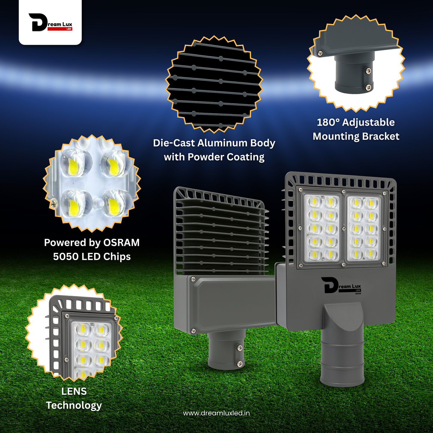 Dreamlux 100W LED Street Light with Back Cover LENS Technology | 5050 OSRAM LEDs | Wall Mount Clamp | IP66 Waterproof | 6kV Surge, UVP, OVP, LVP, SCP Protection | 190–200 LM/W | BIS/ISO Certified | 2 Year Warranty, Color : Cool White