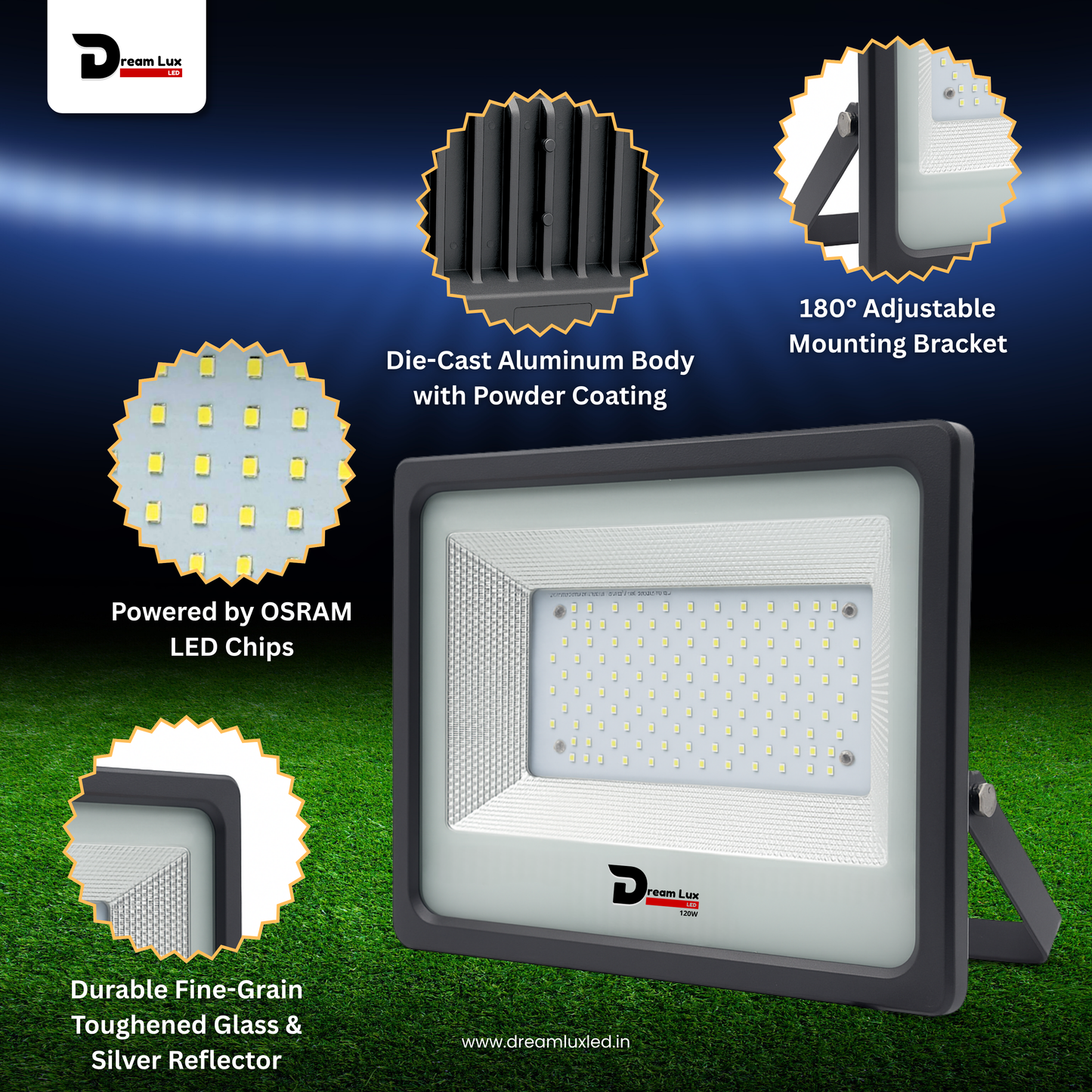 Dreamlux 120 Watt Light Down Chock | Outdoor Flood Lights IP66 Waterproof | Flood Light | Focus Lights | Ultra Bright | Aluminium Body | 85% Energy Saving,Durability (120W, Color : Cool White)