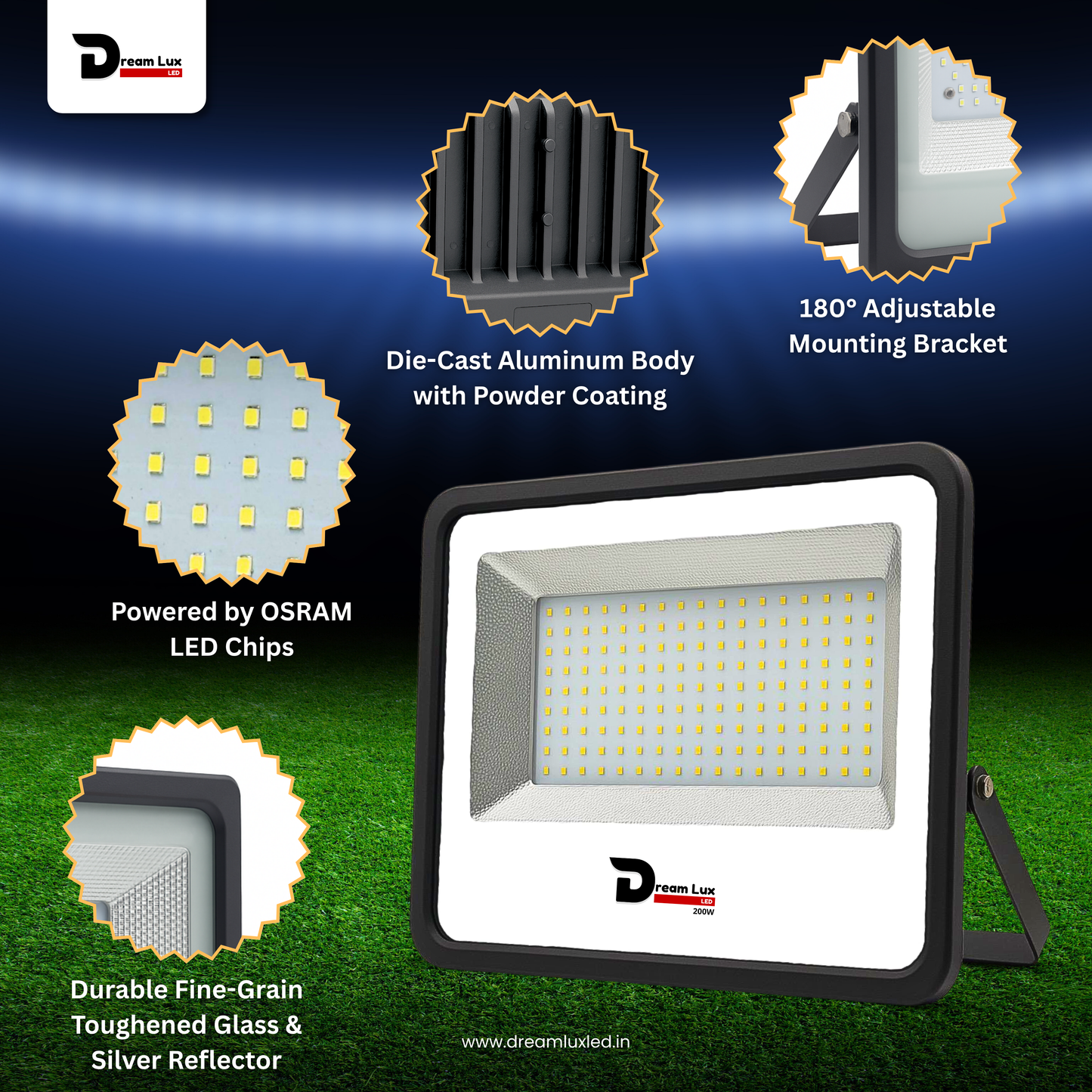 Dreamlux 200 Watt Light Down Chock | Outdoor Flood Lights IP66 Waterproof | Flood Light | Focus Lights | Ultra Bright | Aluminium Body | 85% Energy Saving,Durability (200W, Color : Cool White)