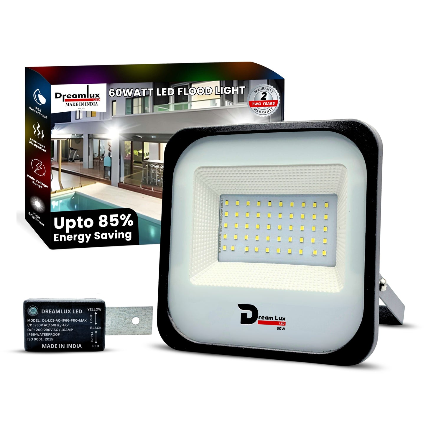 Dreamlux 60W Dusk to Dawn LED Waterproof Flood Light with Auto On/Off Day Night Sensor | BIS Approved | Aluminium Body, Color - Cool White