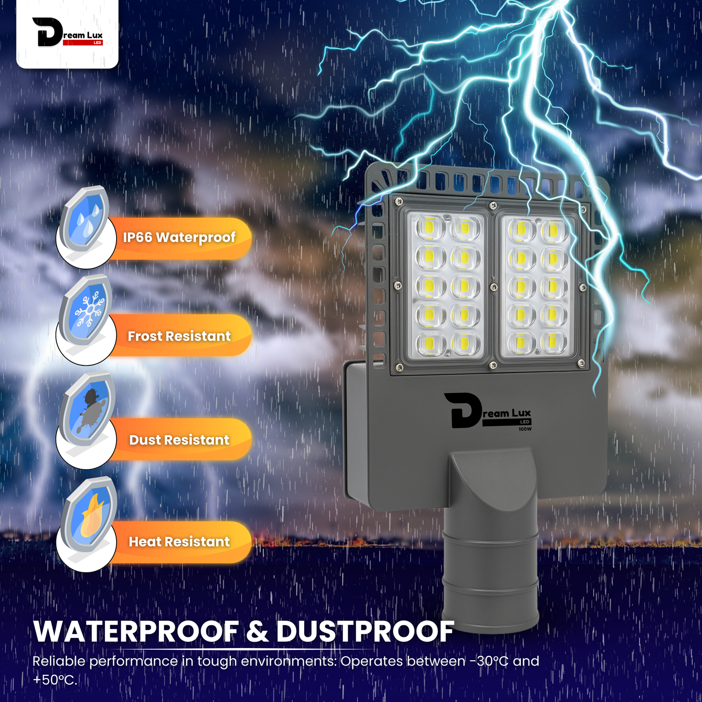 Dreamlux 100W LED Street Light with Back Cover LENS Technology | 5050 OSRAM LEDs | Wall Mount Clamp | IP66 Waterproof | 6kV Surge, UVP, OVP, LVP, SCP Protection | 190–200 LM/W | BIS/ISO Certified | 2 Year Warranty, Color : Cool White