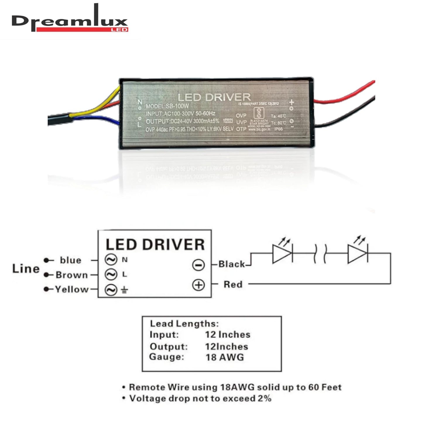 Dreamlux 100watt 3000mA IP66 Led Driver With 2-Year Warranty and 6Kv Surge,OVP,UVP,OTP Protection for Street/Flood Light Repairing (Color : Black)