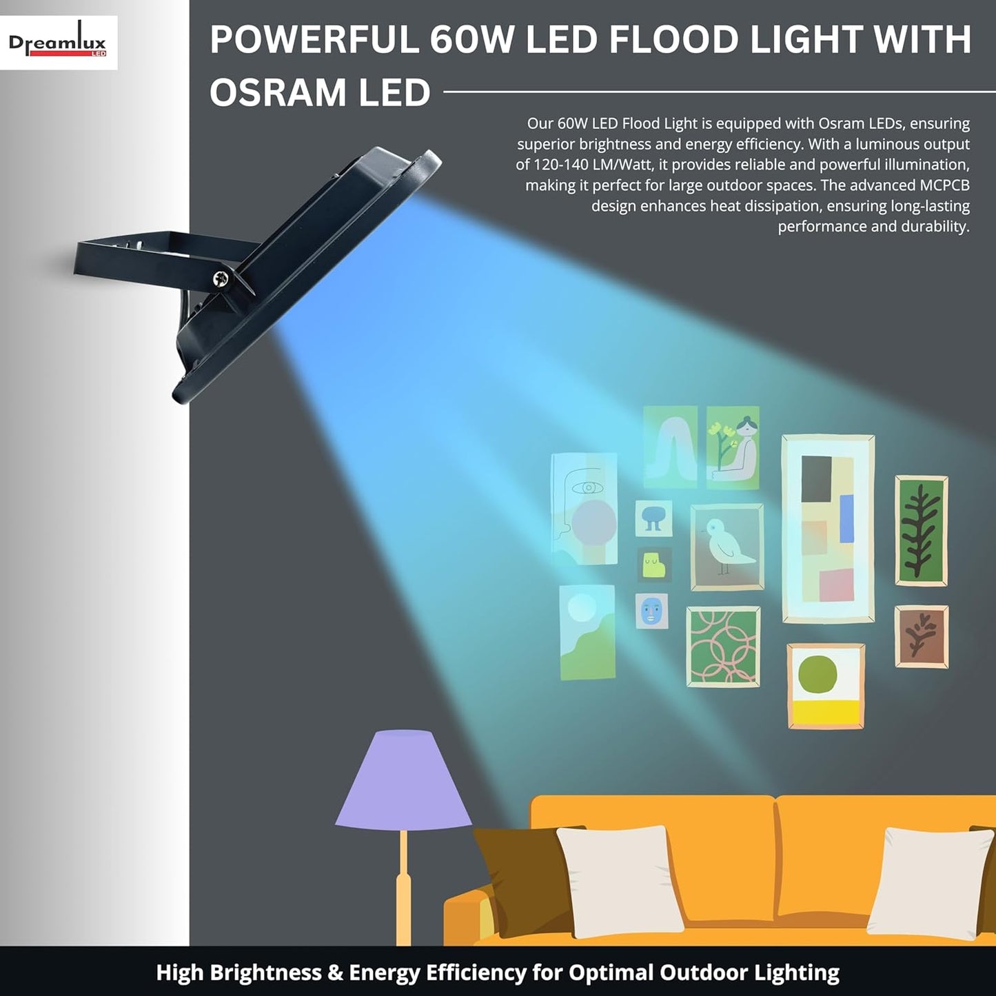 Dreamlux 60W Dusk to Dawn LED Waterproof Flood Light with Auto On/Off Day Night Sensor | BIS Approved | Aluminium Body\