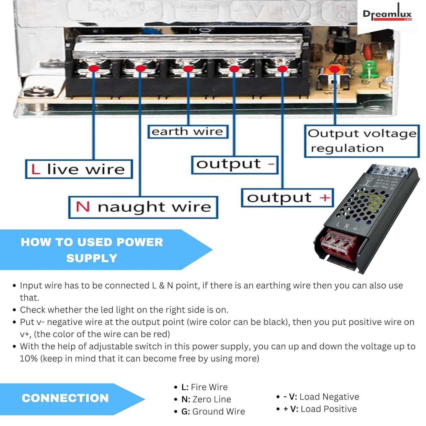 Dreamlux 12VOLT 10AMP 120WATT Switching Power Supply Universal Regulated Transformer, BIS Approved | LED Strip,CCTV cameras,audio amplifier,Indoor use | AC 110V-220V to DC 12V 10A