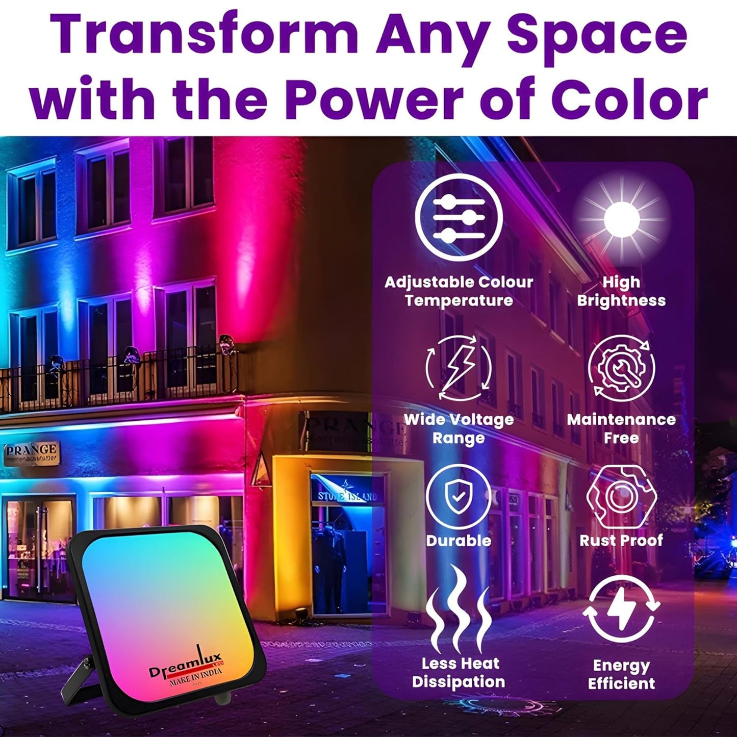 Dreamlux RGB LED Flood Light, 50Watts, LDR Sensor, Dusk to Dawn Sensor, Aluminium Housing, 16 Colours, IP66 Waterproof, 2 Years Warranty (50W RGB with LDR Sensor, Pack-1)