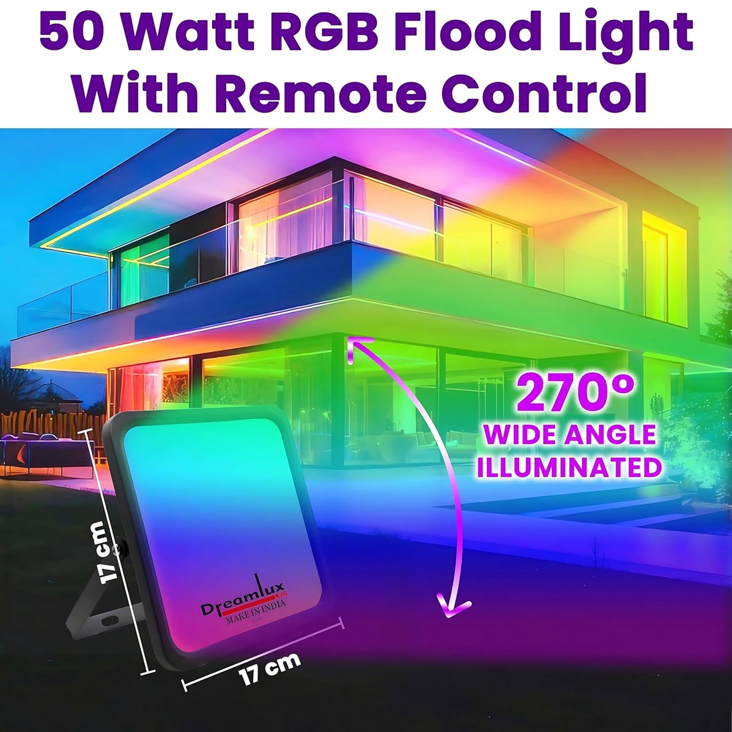 Dreamlux RGB LED Flood Light, 50Watts, LDR Sensor, Dusk to Dawn Sensor, Aluminium Housing, 16 Colours, IP66 Waterproof, 2 Years Warranty (50W RGB with LDR Sensor, Pack-1)