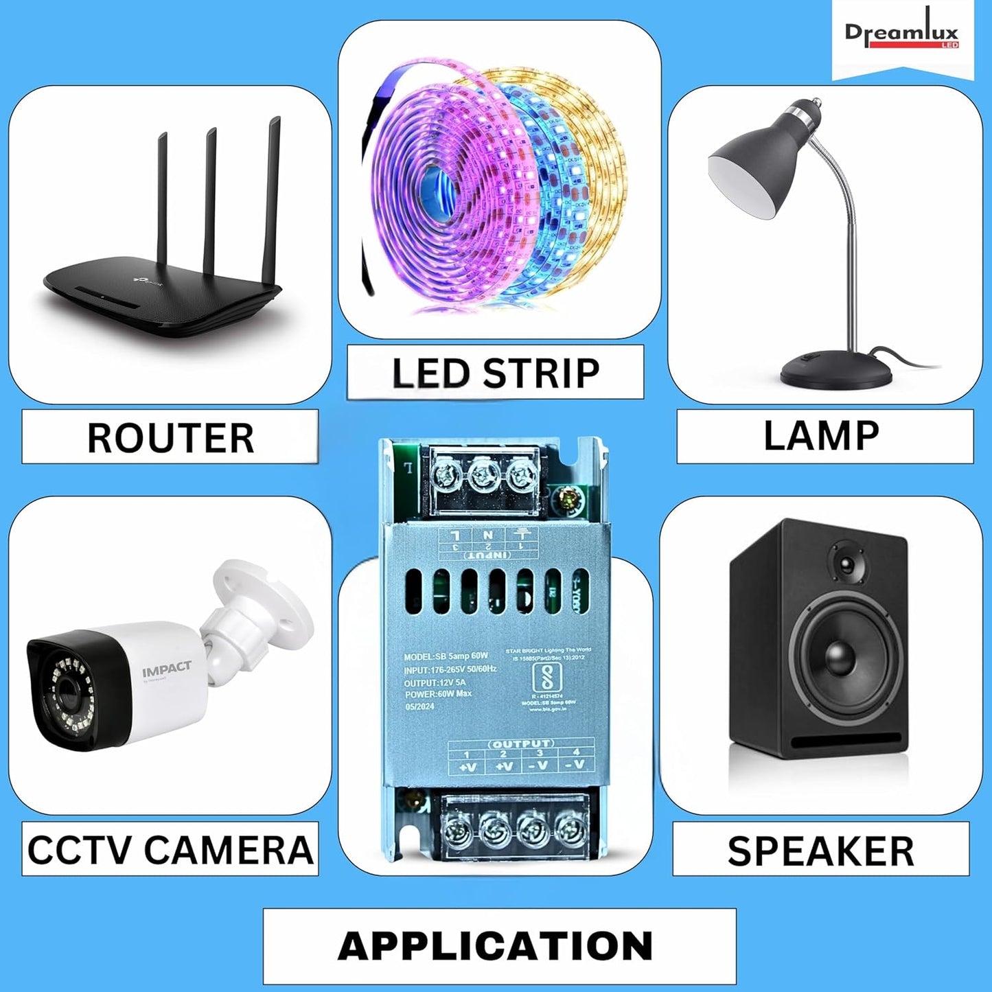 Dreamlux 12v 5amp smps Power Supply 60w Weather Proof Rainproof Suitable for LeD Signage, Strip Light, Decorate Lite, Surveillance CCTV Camera & Industrial Automation Machine and Much More(Pack-10pc)