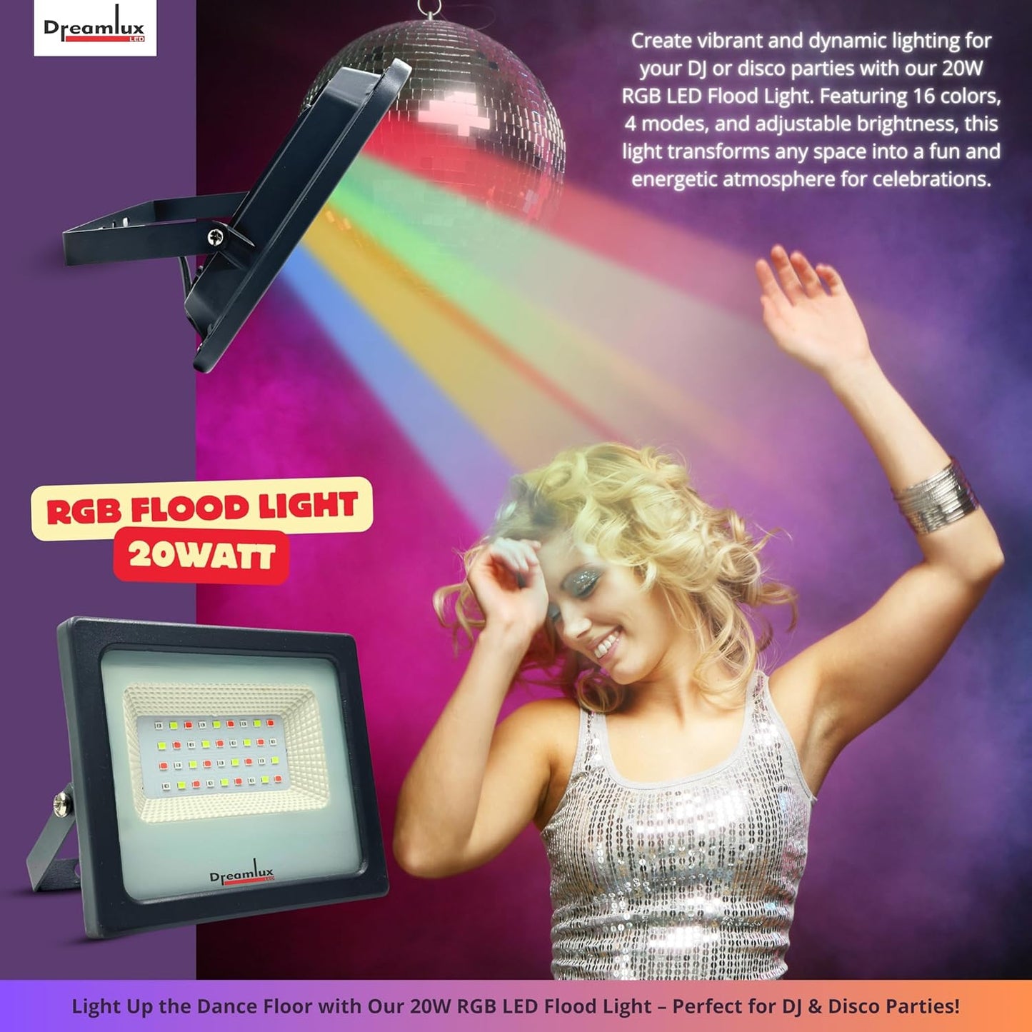 Dreamlux 20 Watt RGB Flood Light Down Chock with Remote Control for Home | Outdoor Lights IP66 Waterproof Decoration Light, DJ Light, Aluminium Body