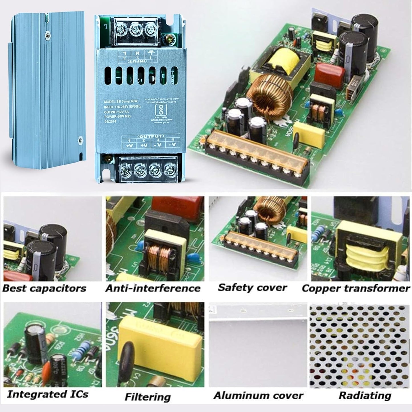 Dreamlux 12v 5amp smps Power Supply 60w Weather Proof Rainproof Suitable for LeD Signage, Strip Light, Decorate Lite, Surveillance CCTV Camera & Industrial Automation Machine and Much More(Pack-10pc)