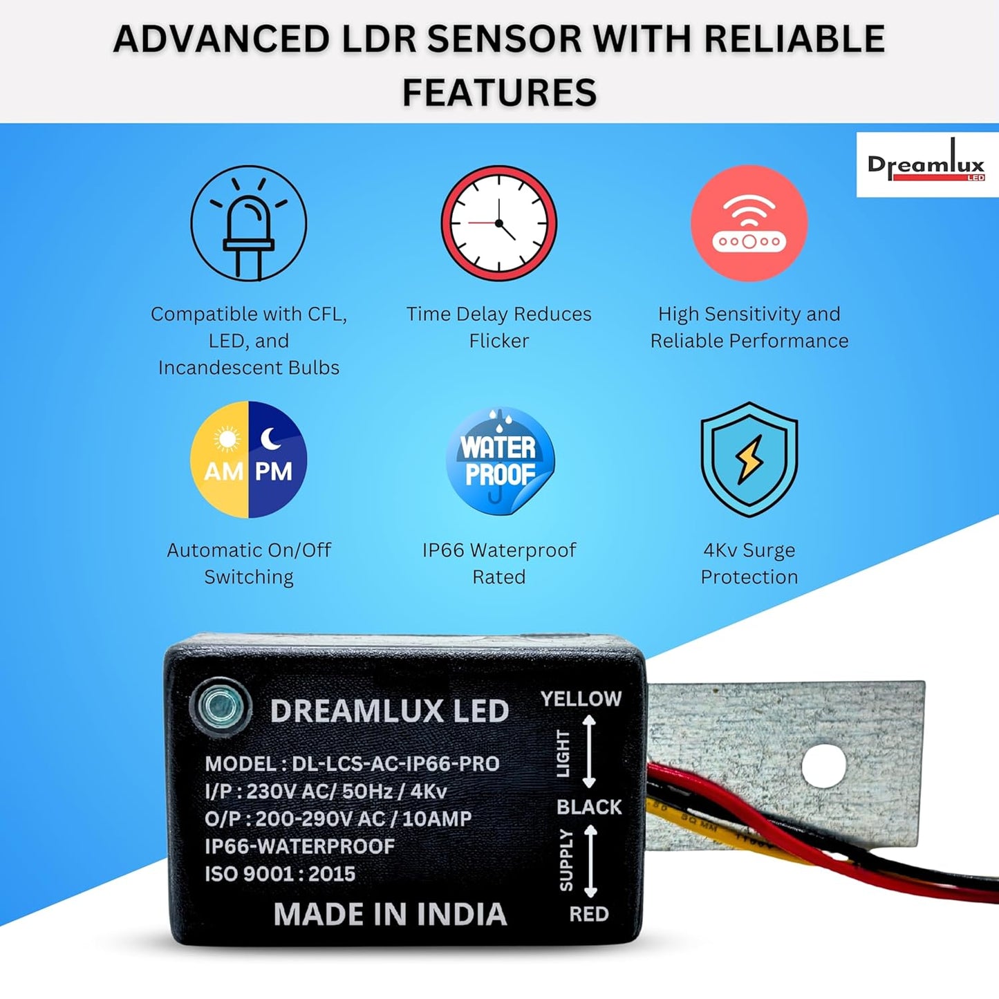 Dreamlux 10Amp 230V AC 50Hz LDR Sensor Pro - IP66 Waterproof Day Night Switch | Auto On Off | Photocell With 4kv Surge Protection
