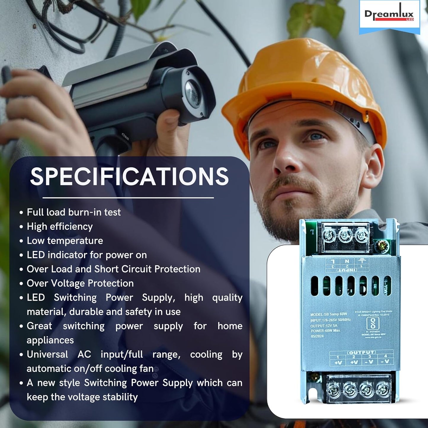 Dreamlux 12v 5amp smps Power Supply 60w Weather Proof Rainproof Suitable for LeD Signage, Strip Light, Decorate Lite, Surveillance CCTV Camera & Industrial Automation Machine and Much More(Pack-10pc)