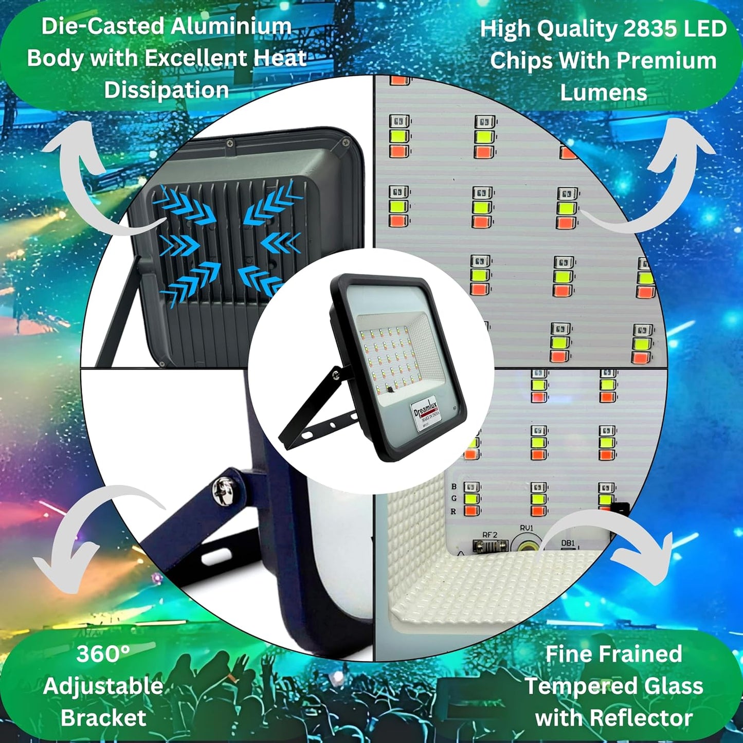 Dreamlux RGB LED Flood Light, 50Watts, LDR Sensor, Dusk to Dawn Sensor, Aluminium Housing, 16 Colours, IP66 Waterproof, 2 Years Warranty (50W RGB with LDR Sensor, Pack-1)