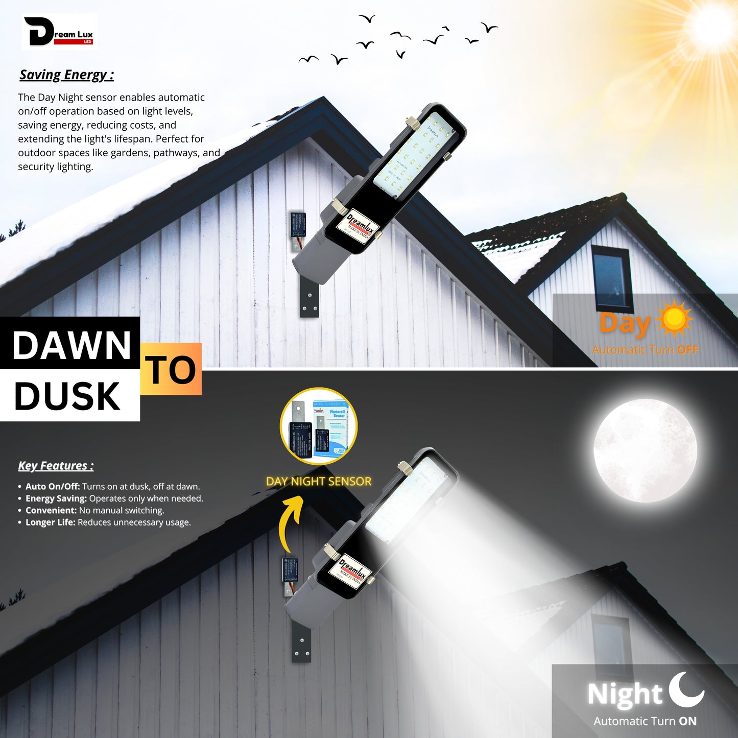 Dreamlux LED Street Light with LDR Sensor | Dusk to Dawn | Automatic Light On Off Sensor | Street Lights with Auto Day Night Sensor(Cool White, Pack-1)