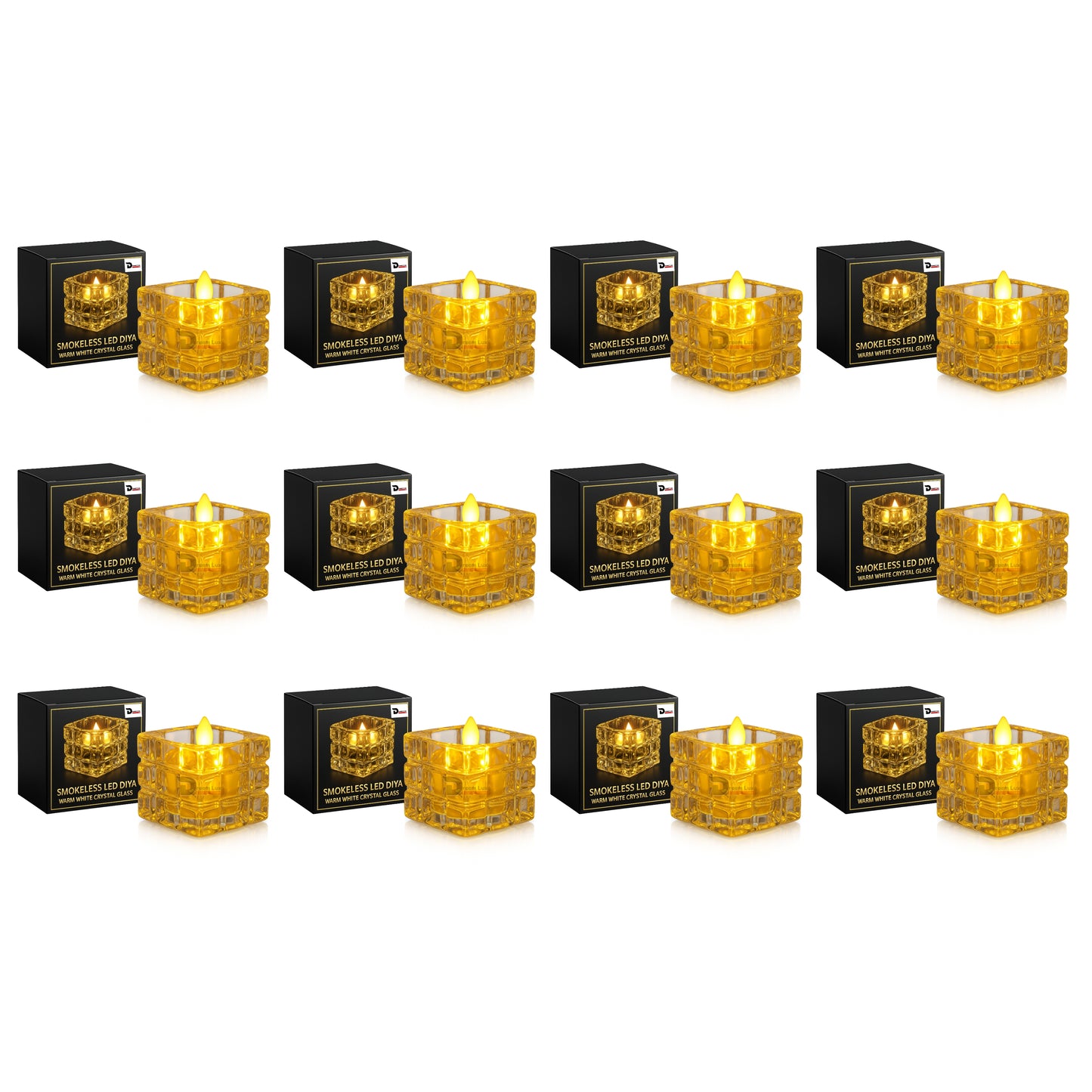 Dreamlux Square Crystal LED Diya | Smokeless Flameless Acrylic Tealight Candle | Battery Operated LED Diya Lights for Home Mandir, Puja & Diwali Decoration