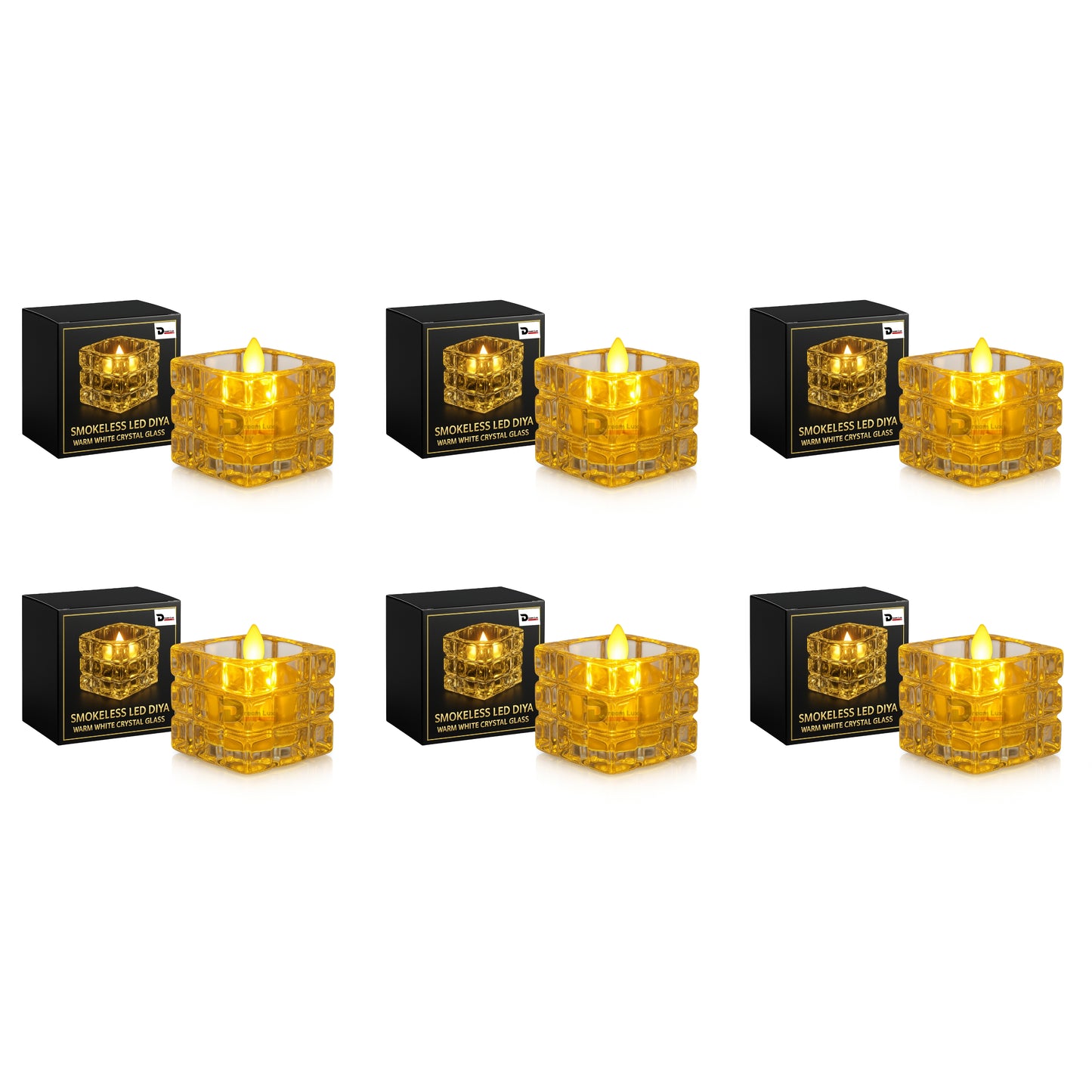 Dreamlux Square Crystal LED Diya | Smokeless Flameless Acrylic Tealight Candle | Battery Operated LED Diya Lights for Home Mandir, Puja & Diwali Decoration