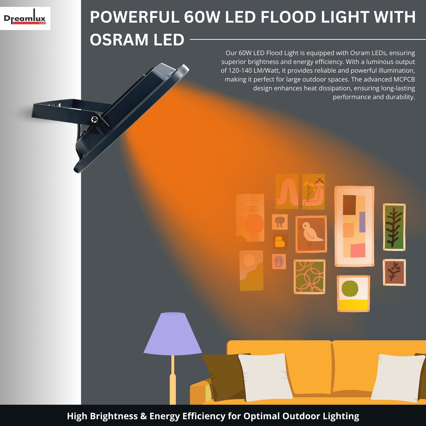 Dreamlux 60 Watt Light Down Chock | Outdoor Flood Lights IP66 Waterproof | Flood Light | Focus Lights | Ultra Bright | Aluminium Body | 85% Energy Saving,Durability (60W Orange Color)