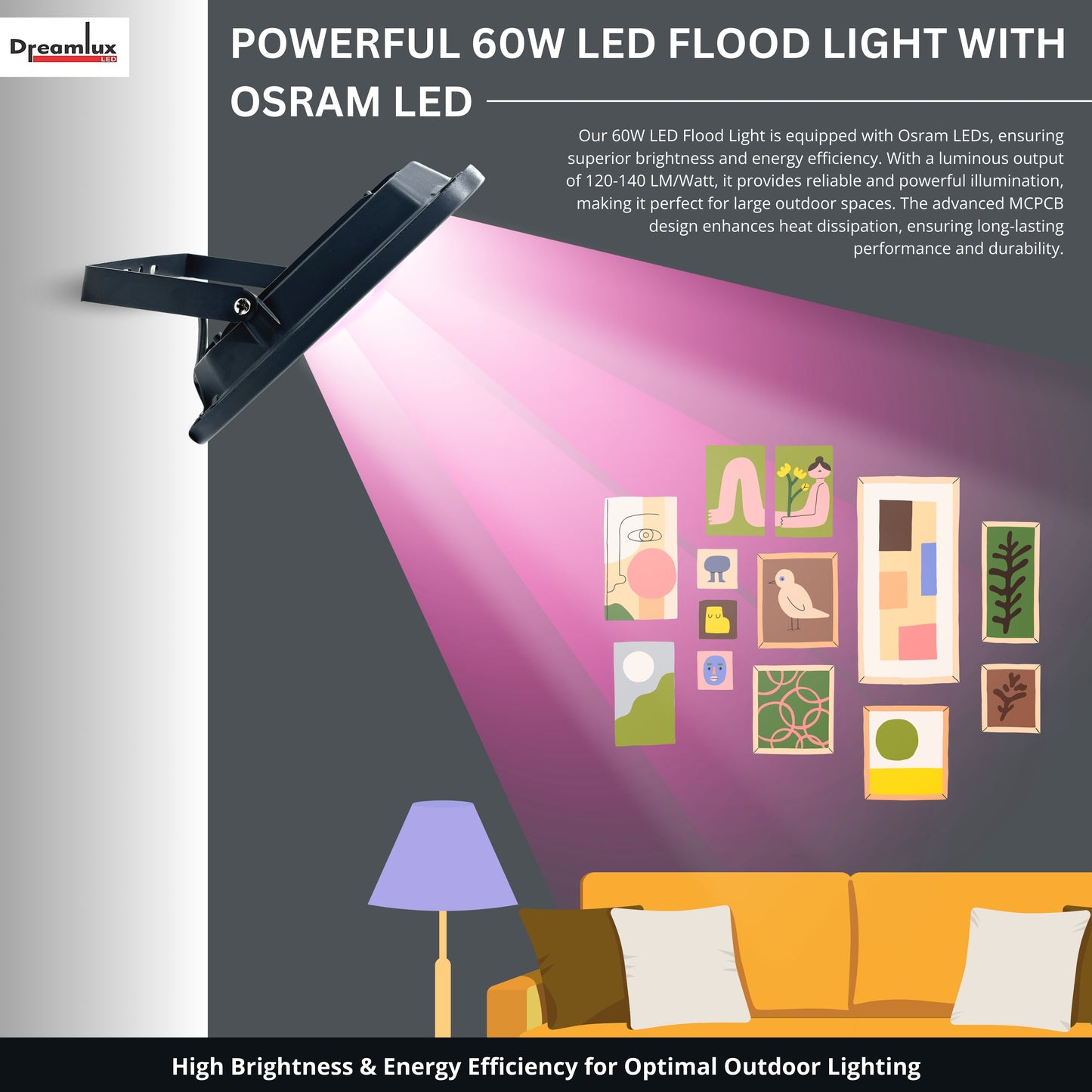 Dreamlux 60 Watt Light Down Chock | Outdoor Flood Lights IP66 Waterproof | Flood Light | Focus Lights | Ultra Bright | Aluminium Body | 85% Energy Saving,Durability (60W Pink Color)