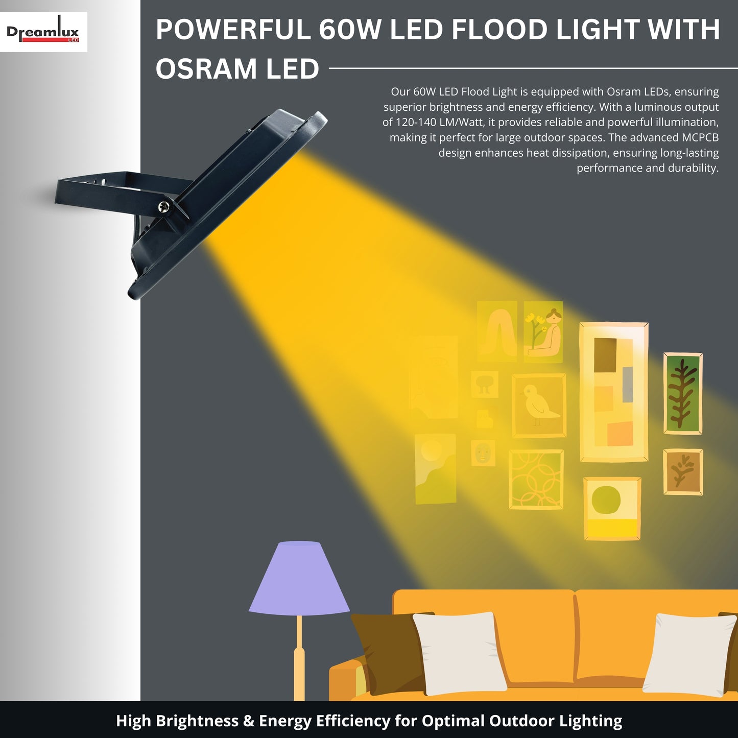 Dreamlux 60 Watt Light Down Chock | Outdoor Flood Lights IP66 Waterproof | Flood Light | Focus Lights | Ultra Bright | Aluminium Body | 85% Energy Saving,Durability (60W Warm White Color)