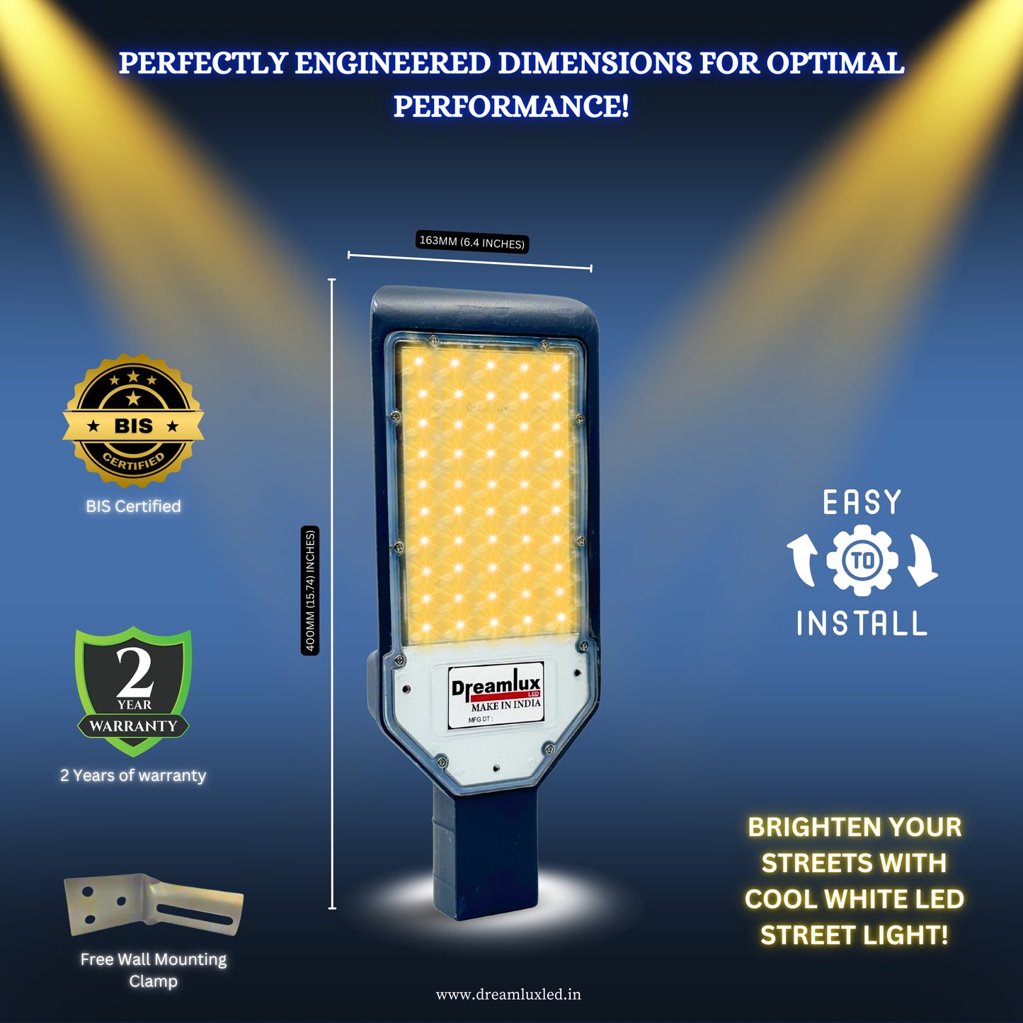 Dreamlux 50W LED Street Light with Lens Technology | IP66 Waterproof | Osram Chips | BIS Certified | Outdoor Light for Roads, Gardens, Factories & More (Warm White, 50 Watts)