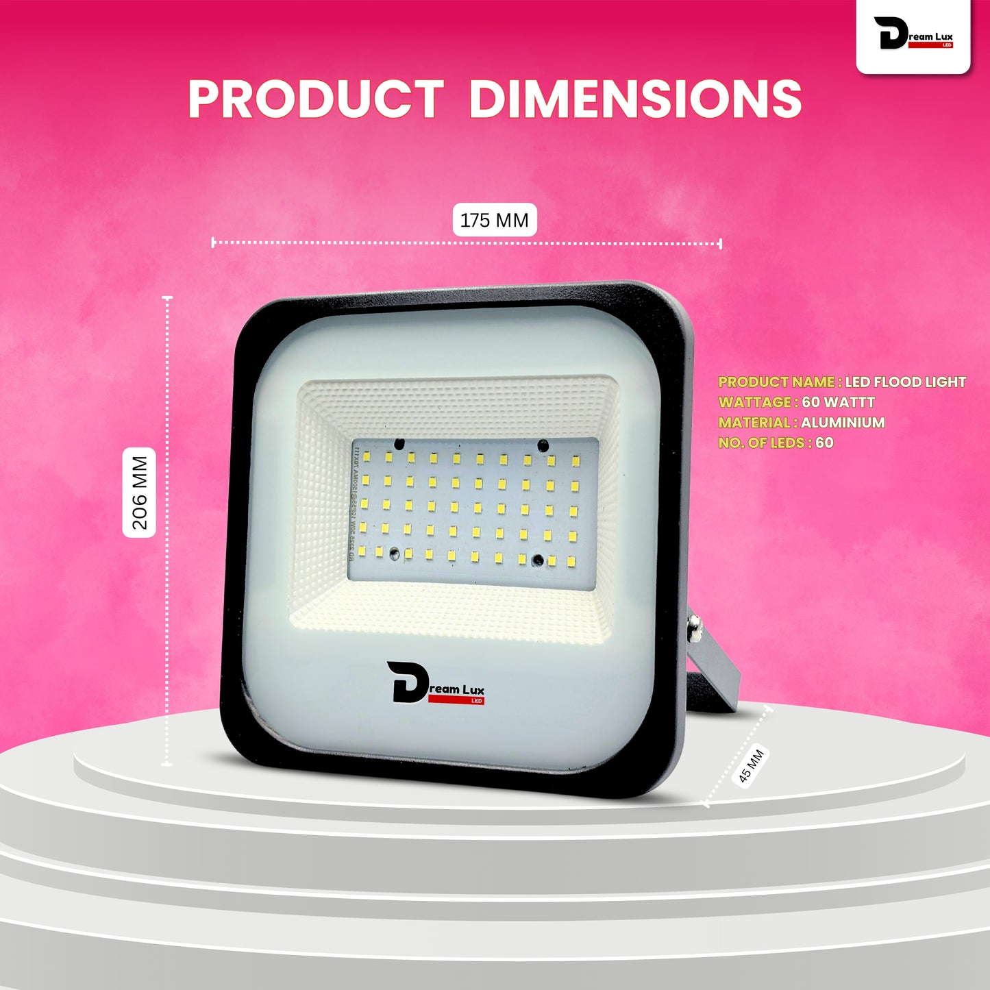 Dreamlux 60 Watt Light Down Chock | Outdoor Flood Lights IP66 Waterproof | Flood Light | Focus Lights | Ultra Bright | Aluminium Body | 85% Energy Saving,Durability (60W Pink Color)