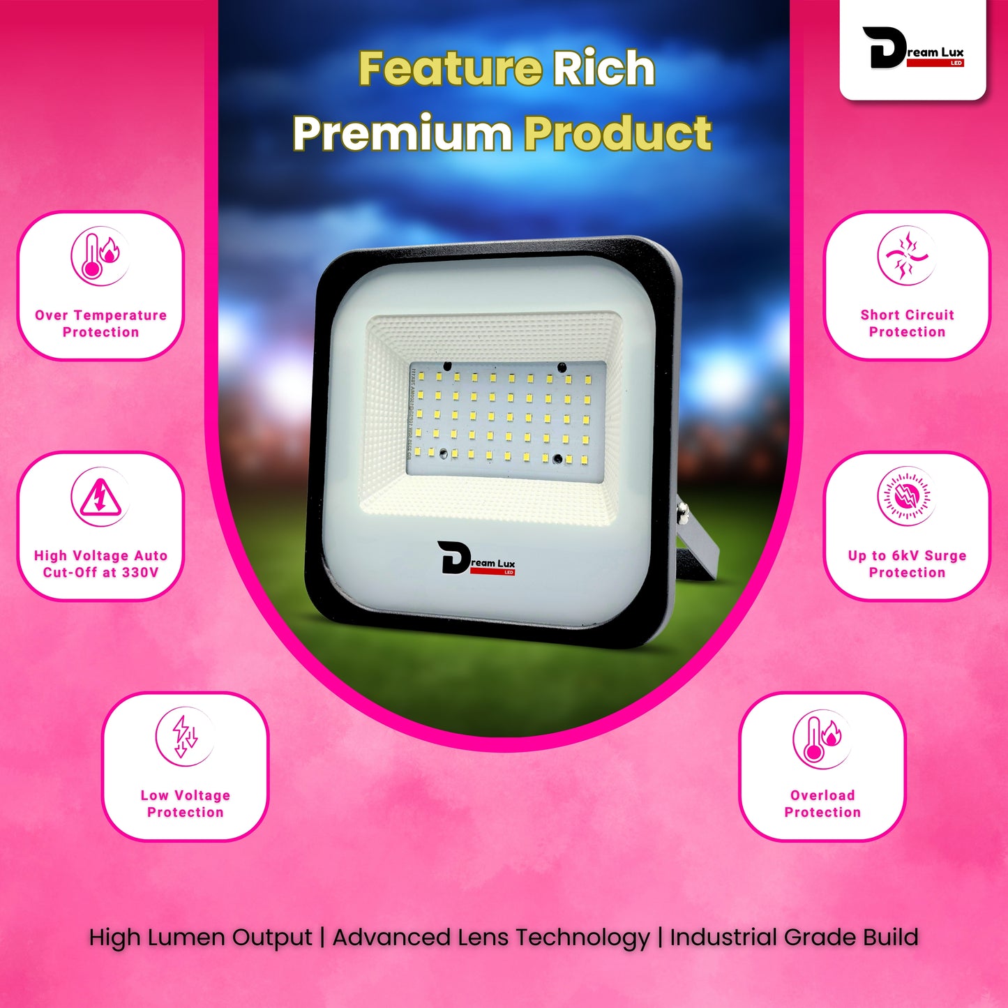 Dreamlux 60 Watt Light Down Chock | Outdoor Flood Lights IP66 Waterproof | Flood Light | Focus Lights | Ultra Bright | Aluminium Body | 85% Energy Saving,Durability (60W Pink Color)