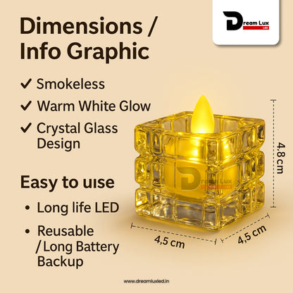 Dreamlux Square Crystal LED Diya | Smokeless Flameless Acrylic Tealight Candle | Battery Operated LED Diya Lights for Home Mandir, Puja & Diwali Decoration