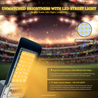 Dreamlux 50W LED Street Light with Lens Technology | IP66 Waterproof | Osram Chips | BIS Certified | Outdoor Light for Roads, Gardens, Factories & More (Warm White, 50 Watts)