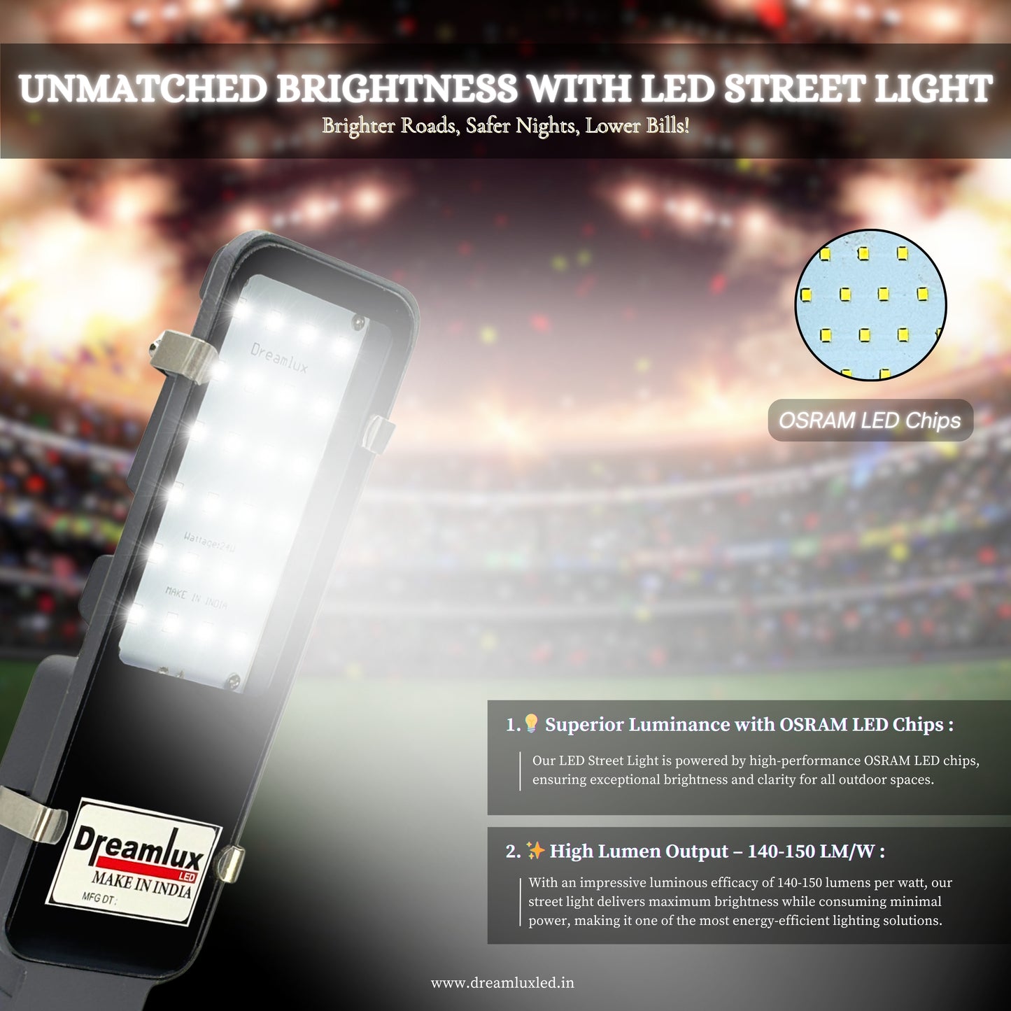 Dreamlux 24 Watt LED Street Light | Street Lights Outdoor Waterproof | BIS Certified | Upto 85% Energy Saving | Aluminium Body | Road Light- Cool White