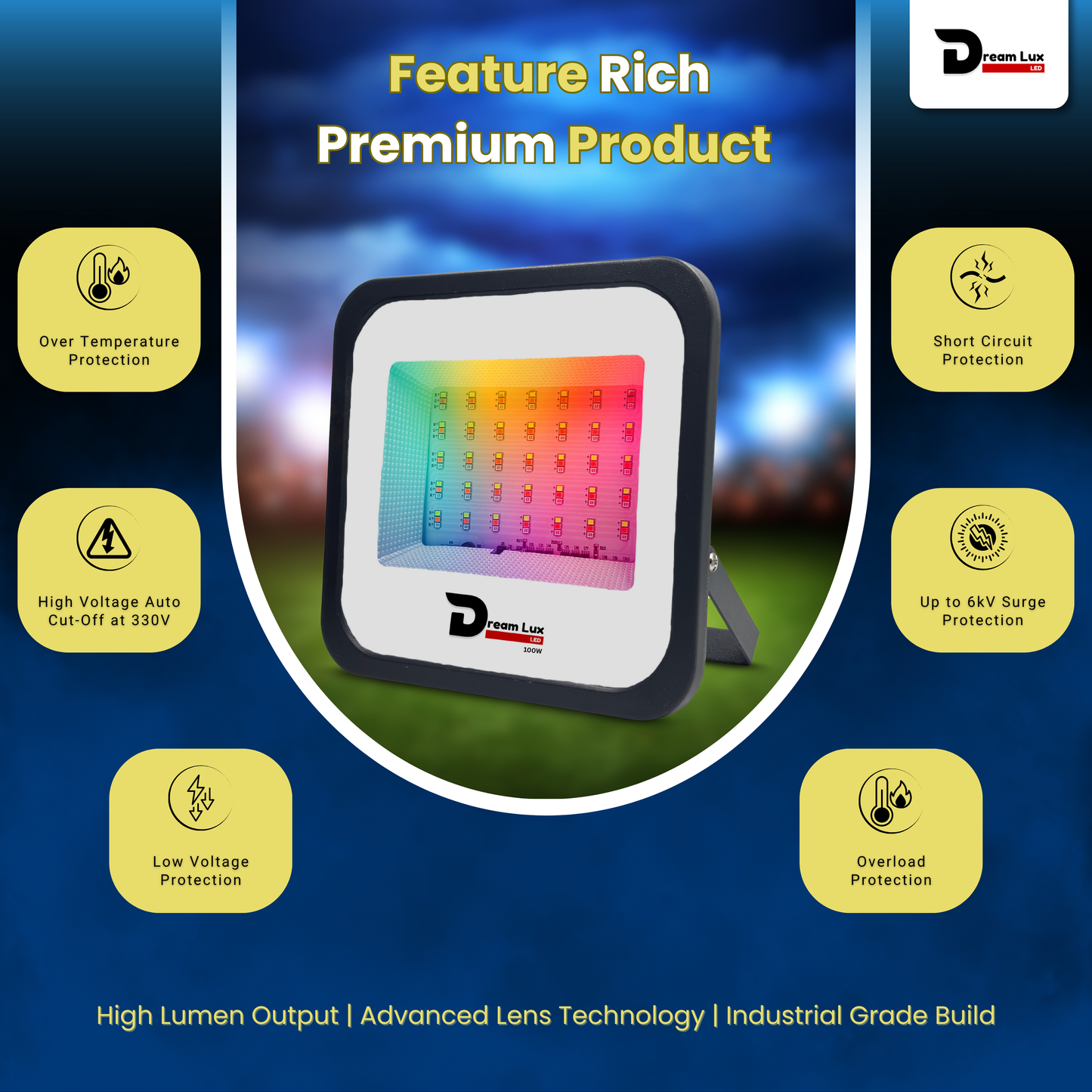 Dreamlux 100Watts RGB 2835 LED Flood Light, LDR Sensor, Dusk to Dawn Sensor, Aluminium Housing, 16 Colours & 4 Modes, IP66 Waterproof, 2 Years Warranty (100W RGB with LDR Sensor)