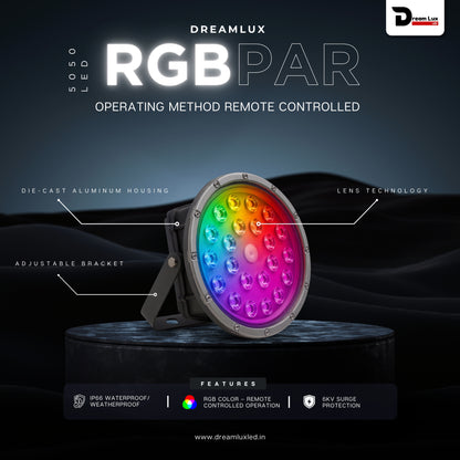 Dreamlux 100W RGB LED Highbay Light | Remote Controlled Disco Light | IP66 Waterproof | 6kV Surge Protection | Lens Model | OSRAM Chips | 150-160LM/W | OVP UVP SCP | BIS Certified (RGB PAR LIGHT)