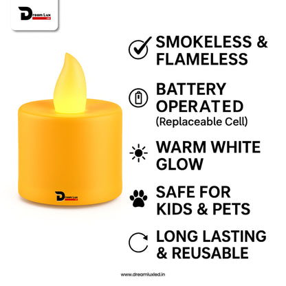 Dreamlux LED Tea Light Candles | Flameless & Smokeless Diya | Decorative Acrylic Tealight Candle for Home, Room, Table, Pooja Room & Festival Décor (Yellow)