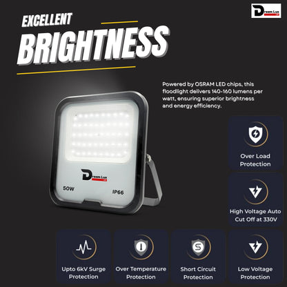 Dreamlux 50W LED Flood Light with Dusk to Dawn Sensor | Cool White 6500K | Automatic Day-Night On/Off | IP66 Waterproof, 6Kv Surge Protection Focus Light for Garden & Shop (50W, LDR Sensor)