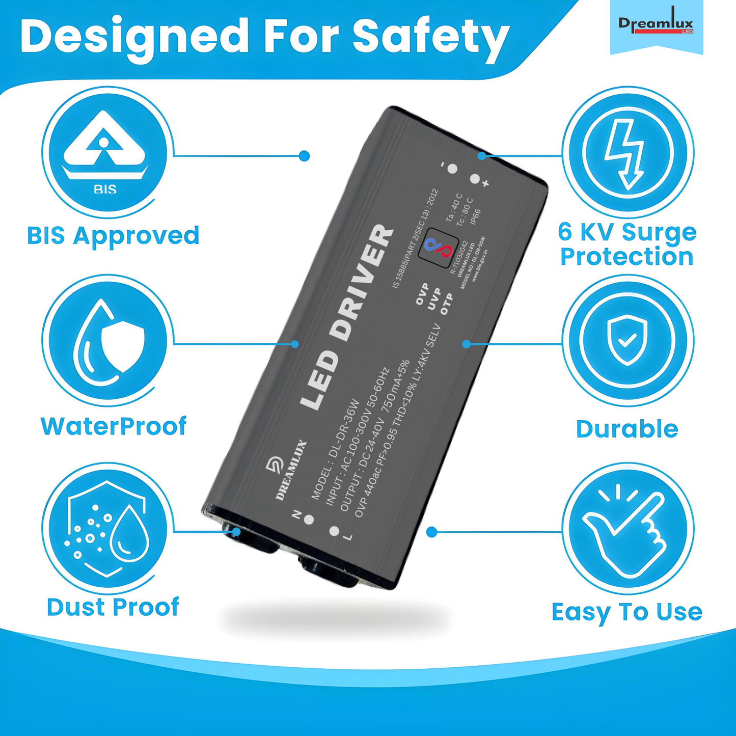 Dreamlux 36watt 750mA IP66 Led Driver With 4Kv Surge,OVP,UVP,OTP Protection for Street/Flood Light Repairing | BIS Approved | IP66 Waterproof - (Color : Black)
