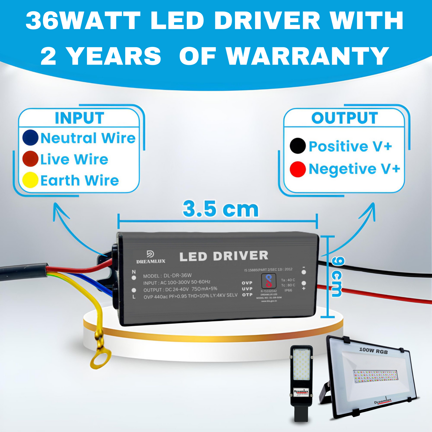 Dreamlux 36watt 750mA IP66 Led Driver With 4Kv Surge,OVP,UVP,OTP Protection for Street/Flood Light Repairing | BIS Approved | IP66 Waterproof - (Color : Black)