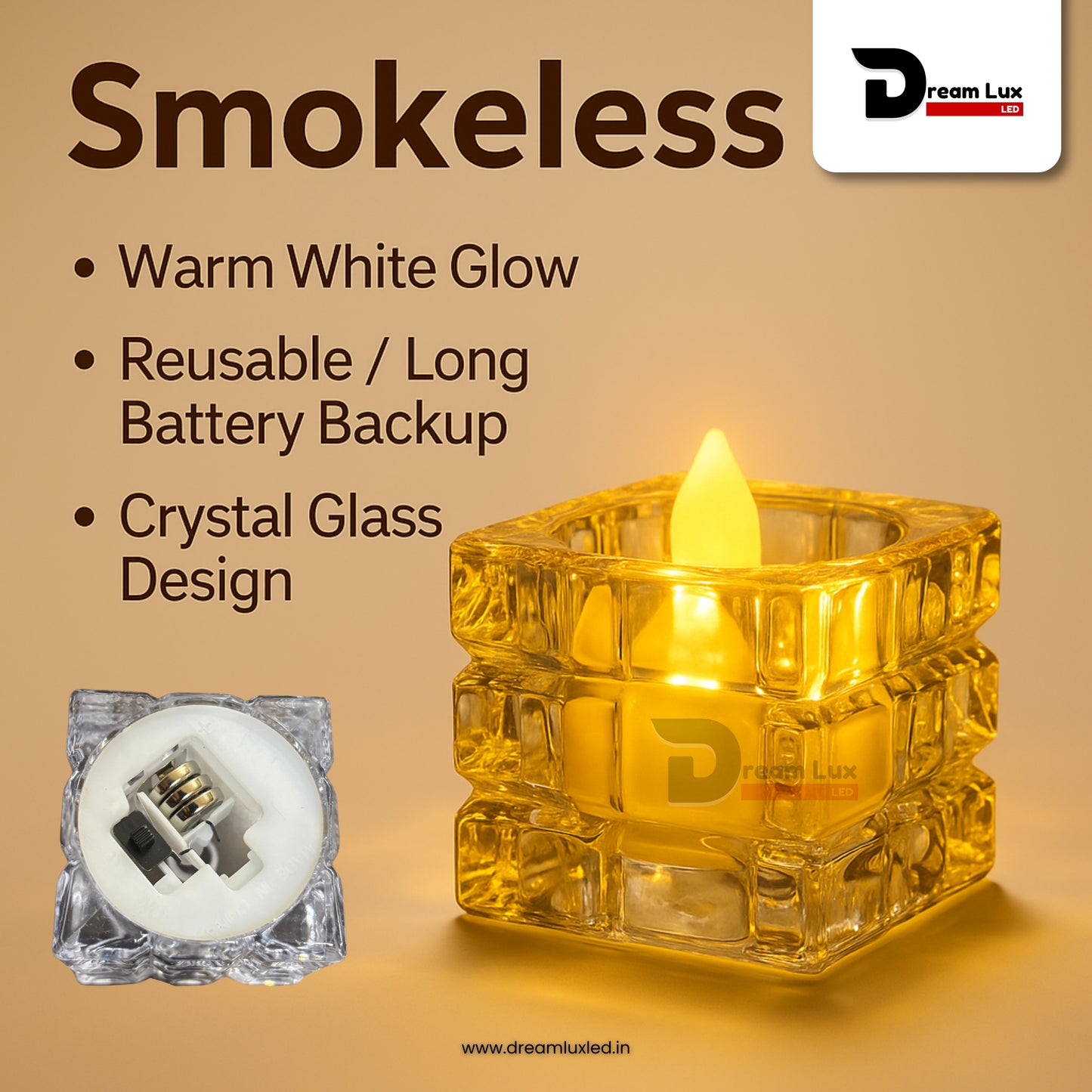 Dreamlux Square Crystal LED Diya | Smokeless Flameless Acrylic Tealight Candle | Battery Operated LED Diya Lights for Home Mandir, Puja & Diwali Decoration